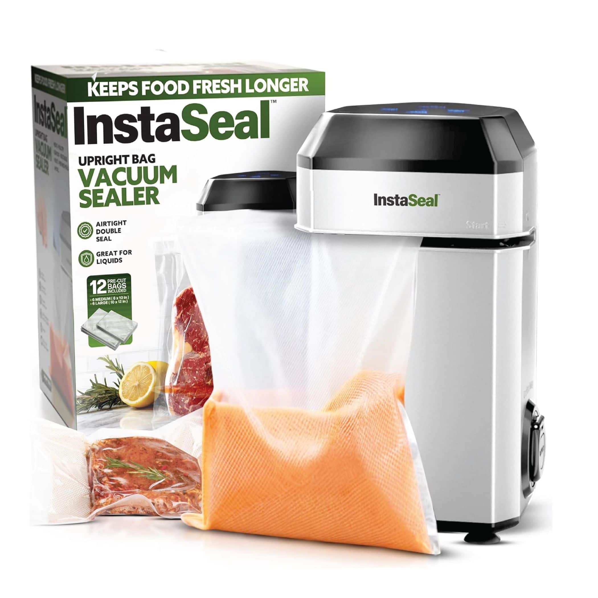 KEEPS FOOD FRESH LONGER
InstaSeal UPRIGHT BAG VACUUM SEALER
AIRTIGHT DOUBLE SEAL
InstaSeal GREAT FOR LIQUIDS
PRE-CUT 12 BAGS