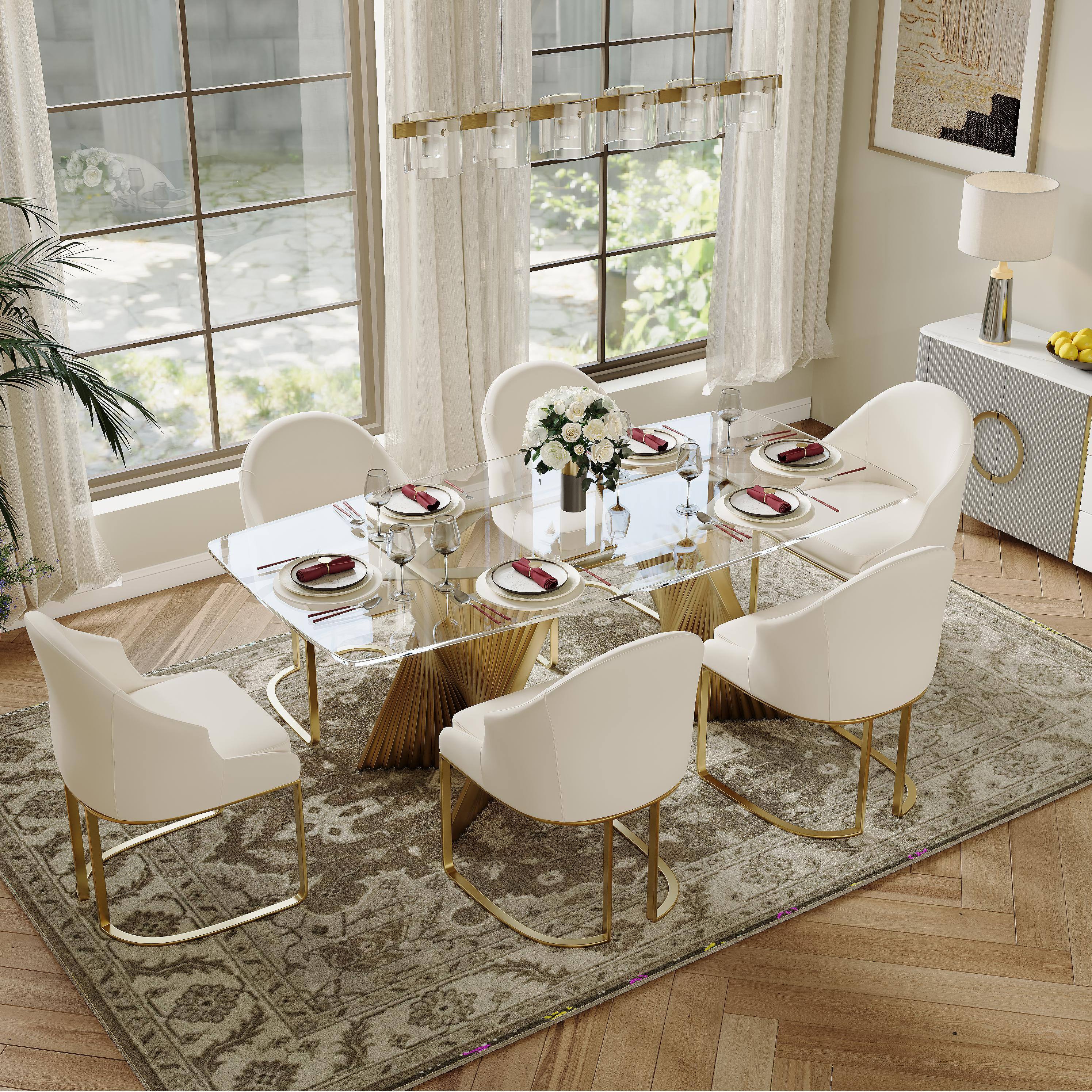 Left. POVISON - Modern Luxury Upholstered Beige Dining Chairs Set of 2, Boucle Dining Chairs, Low Back Dining Chairs with Gold Legs - Green PU Leather.