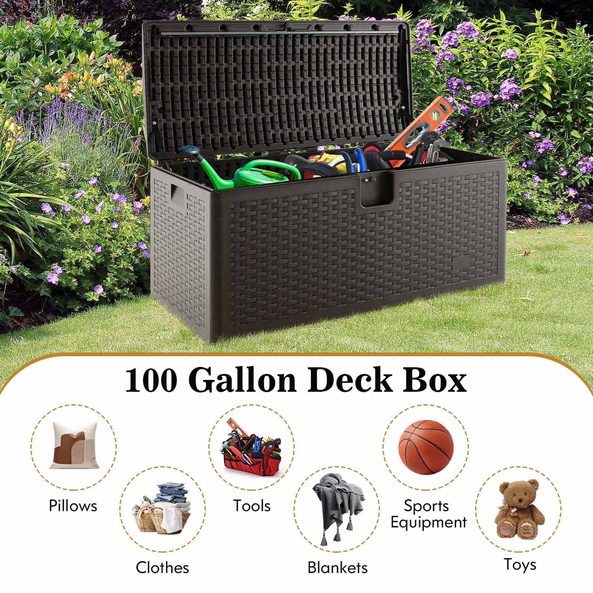 100 Gallon Deck Box

- Pillows
- Clothes
- Tools
- Blankets
- Sports Equipment
- Toys