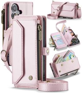 Dteck - Crossbody Wallet Case for Apple iPhone 16 with Card Slots and Zipper Pocket, Shockproof RFID Blocking PU Leather Cover - Pink