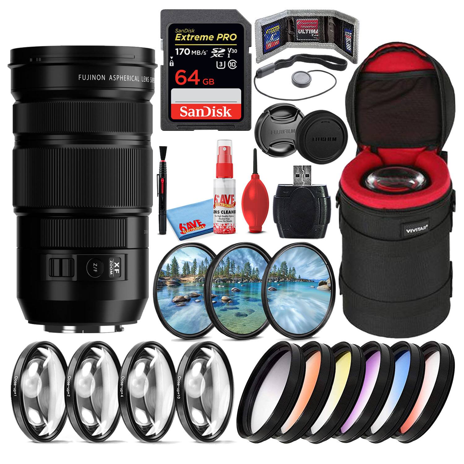 FUJINON ASPHERICAL LENS  
SanDisk Extreme PRO 170 MB/s V30 I 64 GB  
SanDisk EURFILM THRIHM  
VIVITAR Z/F ZOOM XF  
CLEANING KIT  
FILTERS (UV, CPL, ND)  
LUGGAGE CASE