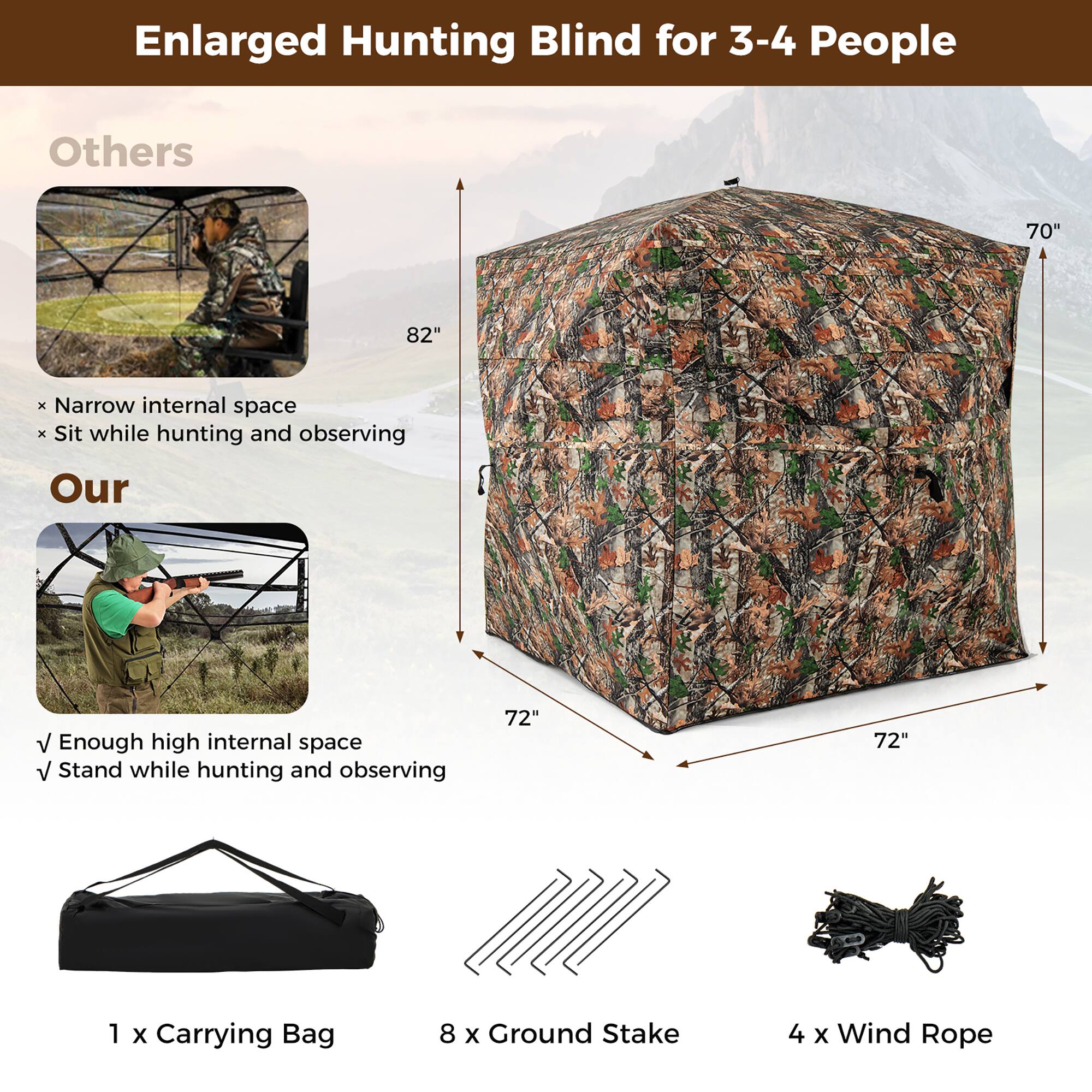 Enlarged Hunting Blind for 3-4 People

Others
- Narrow internal space
- Sit while hunting and observing

Our
- Enough high internal space
- Stand while hunting and observing

1 x Carrying Bag
8 x Ground Stake
4 x Wind Rope