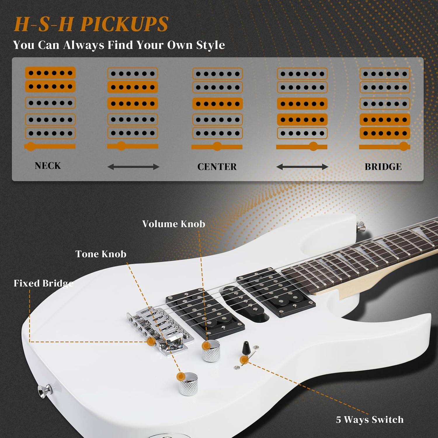 H-S-H PICKUPS  
You Can Always Find Your Own Style  

NECK  
CENTER  
BRIDGE  

Volume Knob  
Tone Knob  
Fixed Bridge  
5 Ways Switch