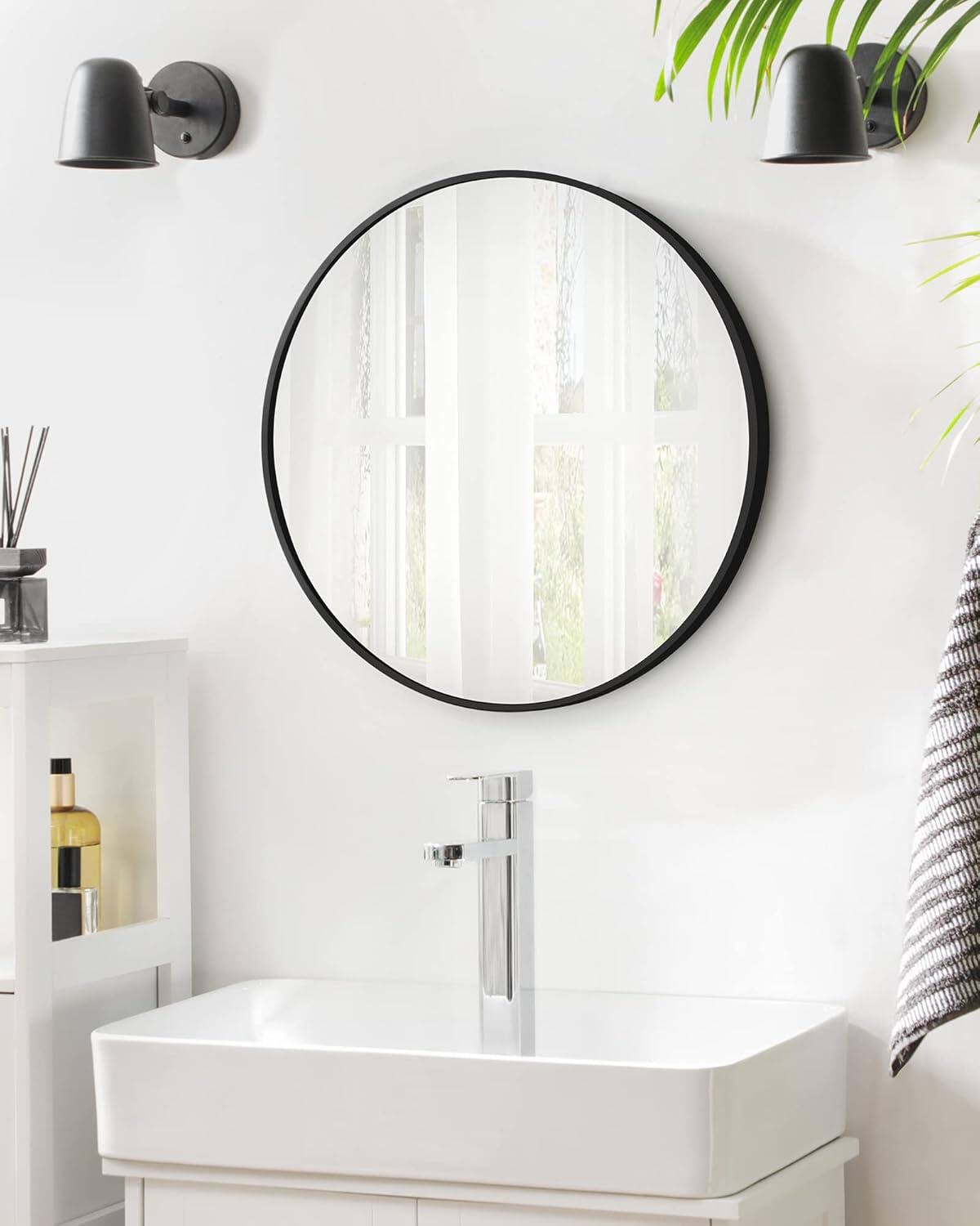 Back. Songmics Home - 24-Inch Round Wall Mirror – Elegant Ink Black Metal Frame for Bathroom/Living Room/Bedroom/Entryway - Black.