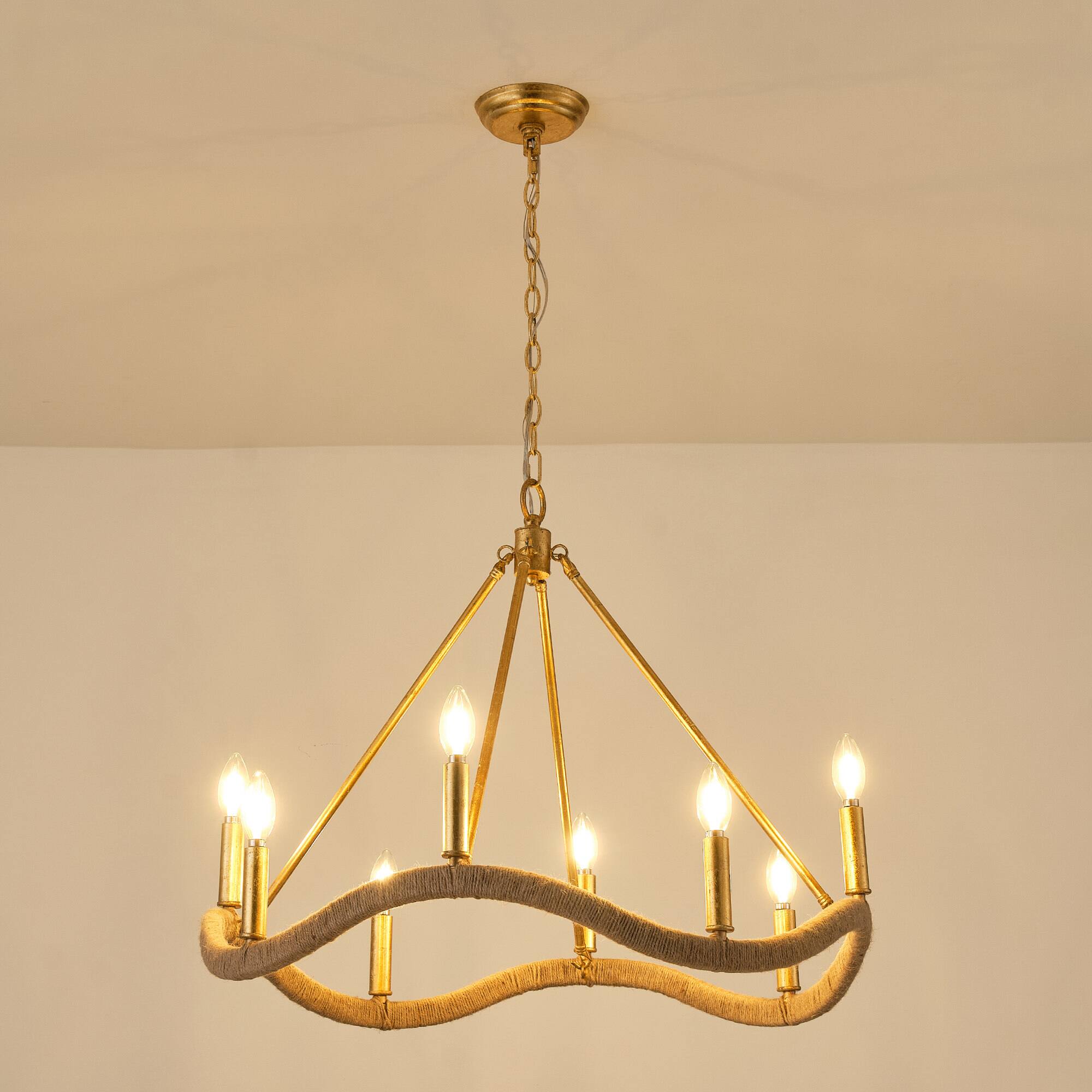 Alt View 6. Parrot Uncle - 27.6 in. 8-Light Modern Farmhouse Gold Natural Jute Large Candle Chandelier - Gold.