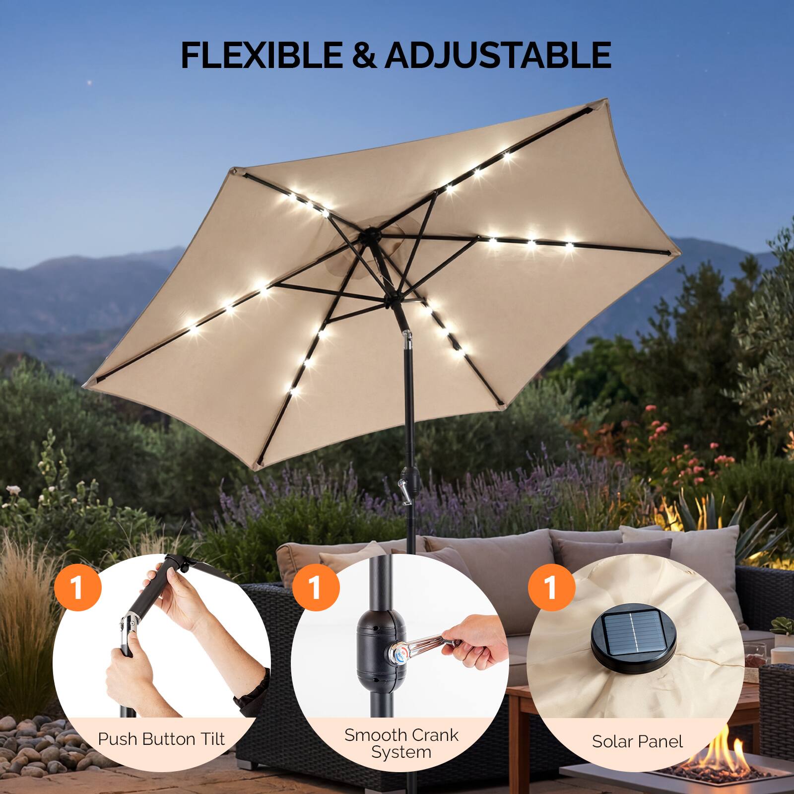 FLEXIBLE & ADJUSTABLE

1. Push Button Tilt
1. Smooth Crank System
1. Solar Panel