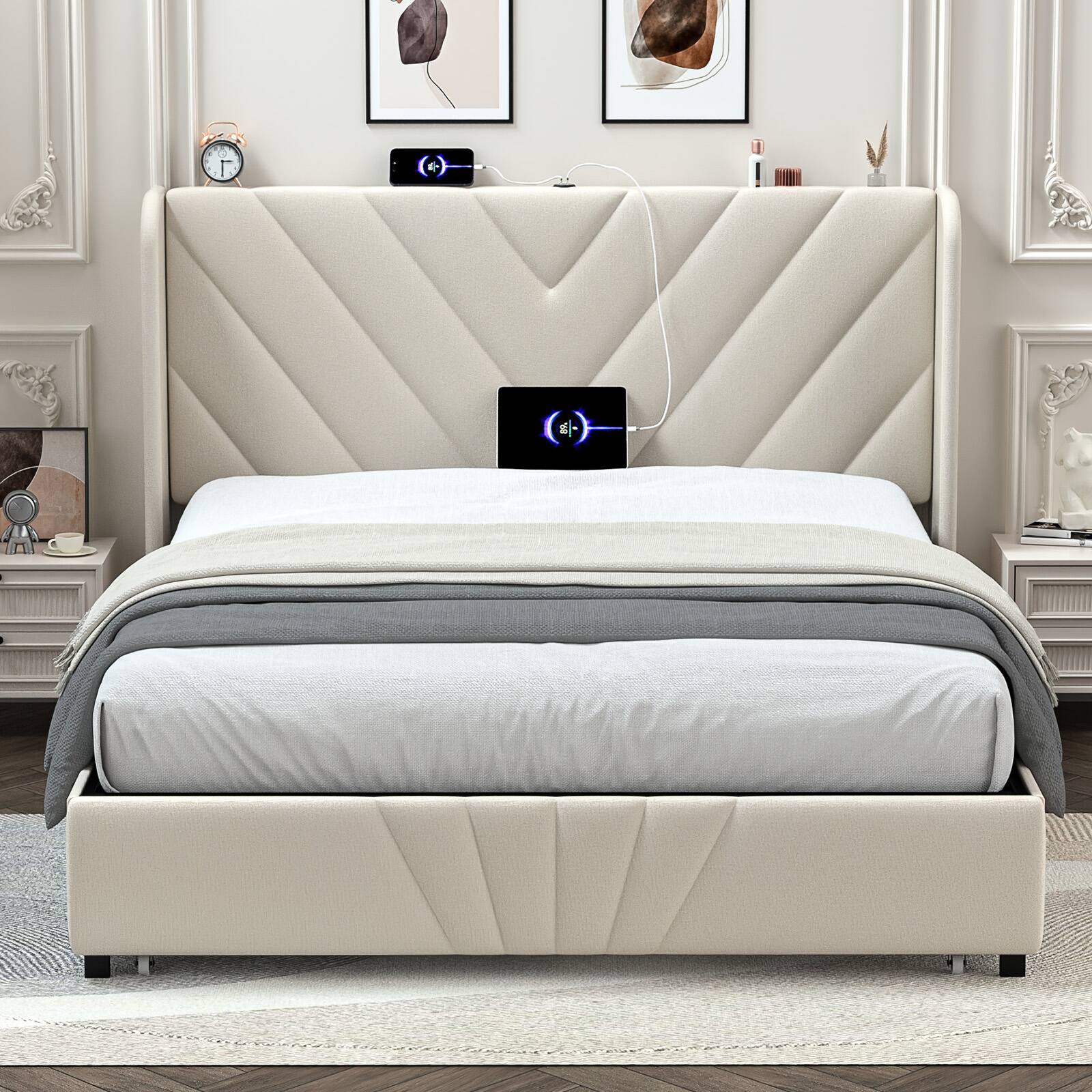 Front. CloudRest Pro - Queen Upholstered Platform Bed Frame with USB,Type-C Ports,Side Drawers and Oversize Footboard Storage,White - White.