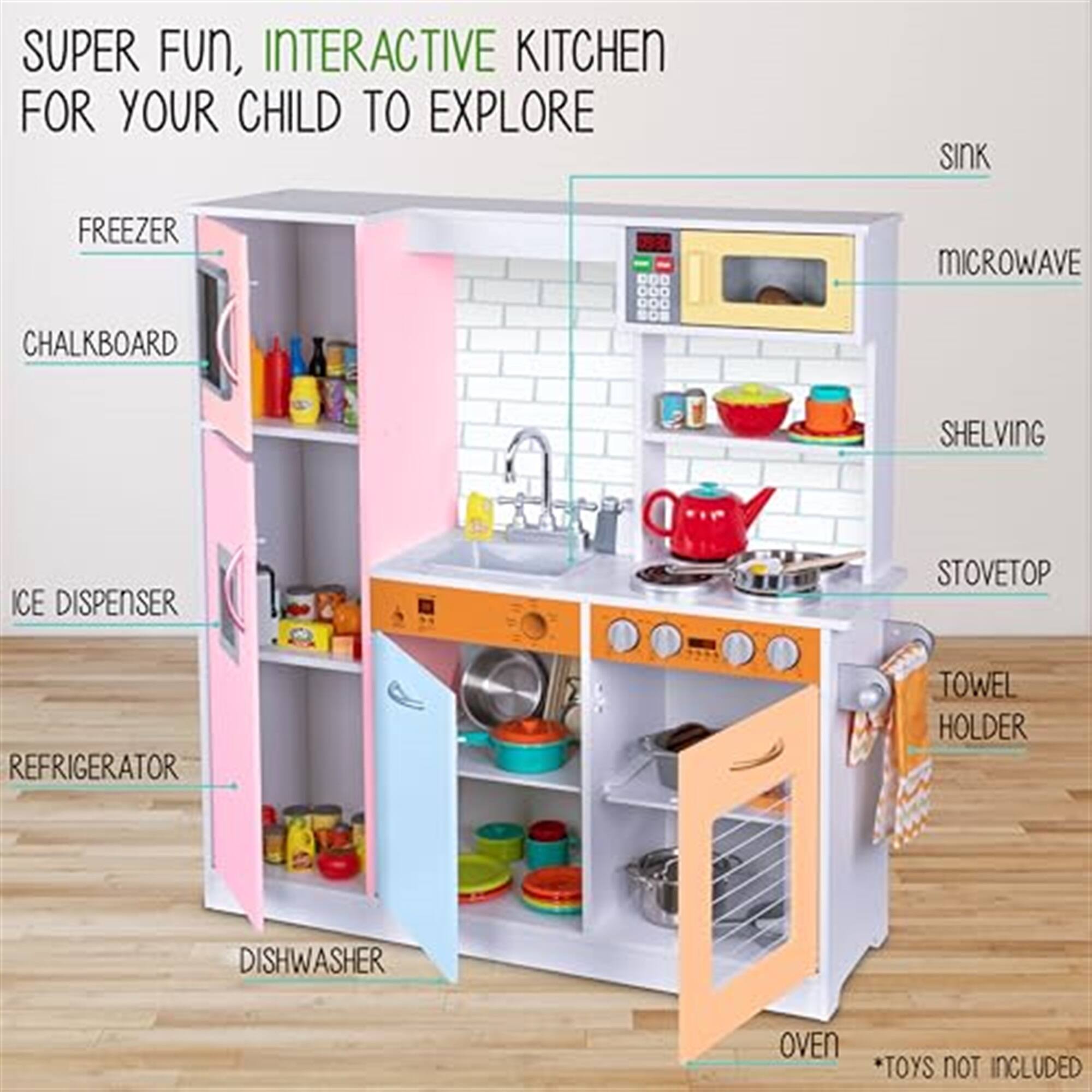 SUPER FUN, INTERACTIVE KITCHEN FOR YOUR CHILD TO EXPLORE SINK MICROWAVE CHALKBOARD SHELVING ICE DISPENSER STOVETOP REFRIGERATOR TOWEL HOLDER DISHWASHER OVEN TOYS NOT INCLUDED