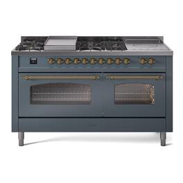 ILVE - Nostalgie II Series 60 in. Dual Fuel Range with 7 Sealed Burners + Griddle (Liquid Propane, Brass Trim) - Blue Grey