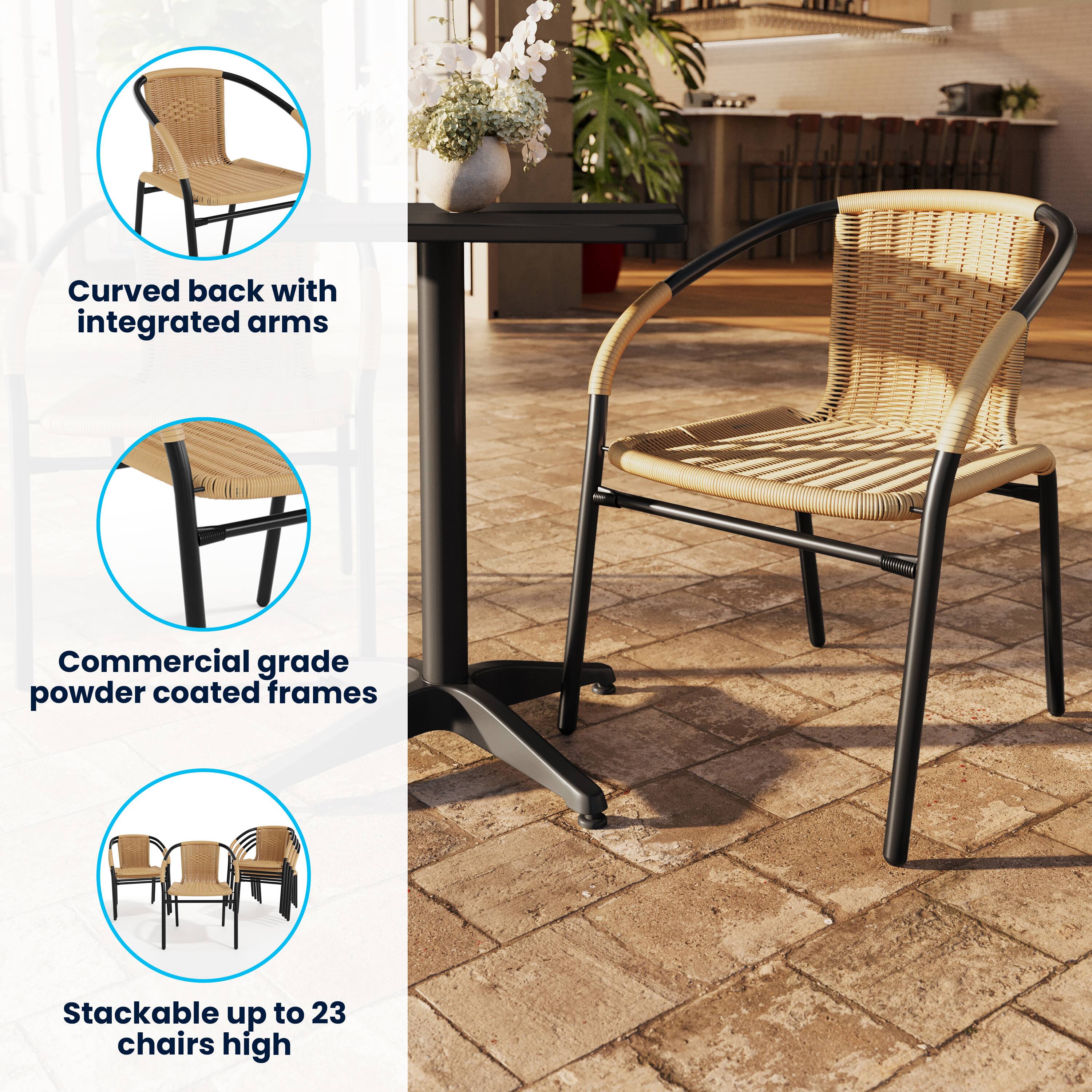 Curved back with integrated arms  
Commercial grade powder coated frames  
Stackable up to 23 chairs high