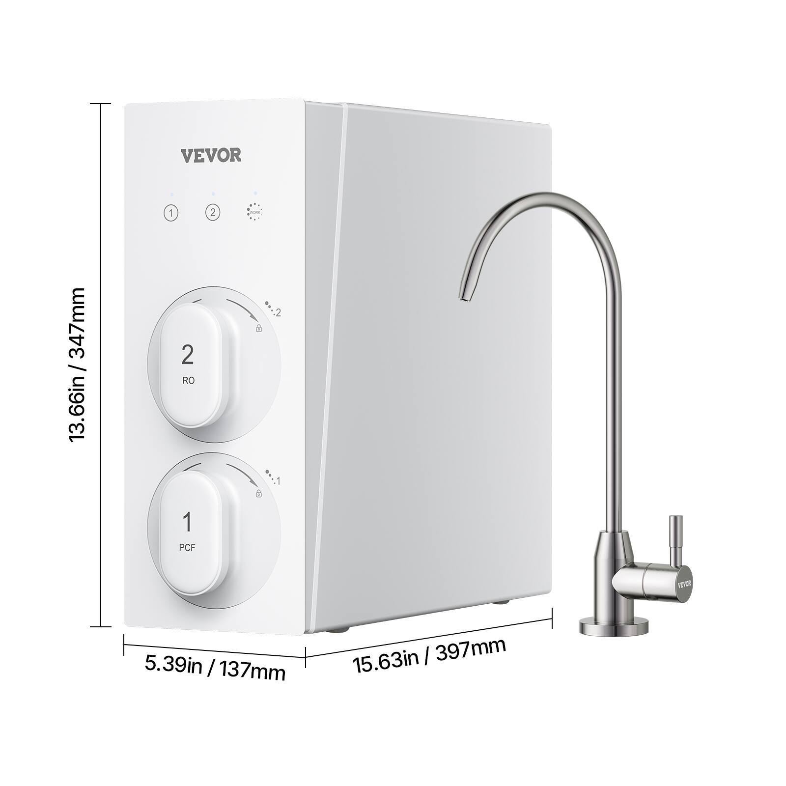 VEVOR

1. PCF
2. RO

Dimensions:
- Height: 13.66in / 347mm
- Width: 5.39in / 137mm
- Depth: 15.63in / 397mm