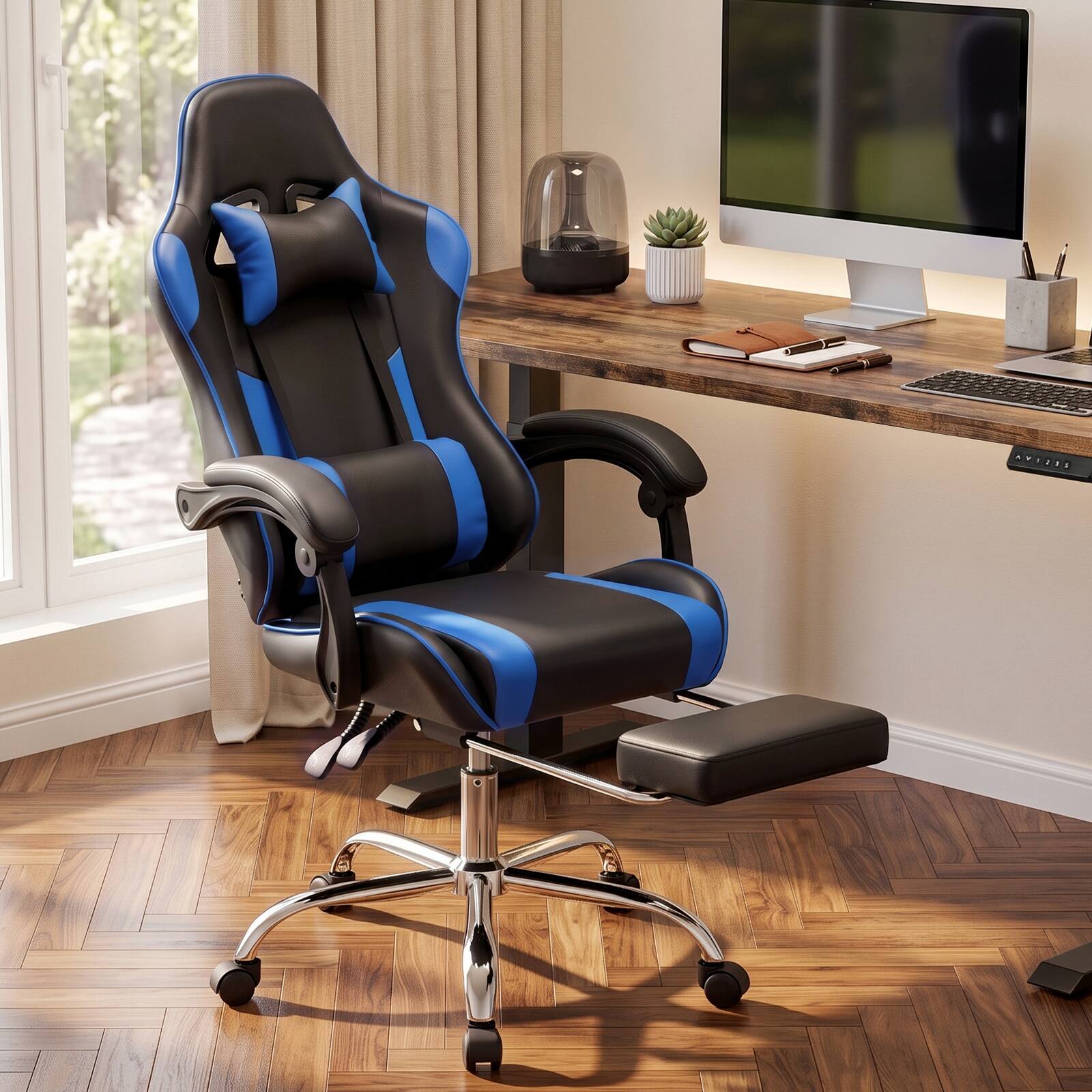 Angle. Bestier - Gaming Chair - PU Leather Fixed up Armrest Lumbar Support Ergonomic Reclining PC Chair With Rocking Mode & Footrest - Blue.
