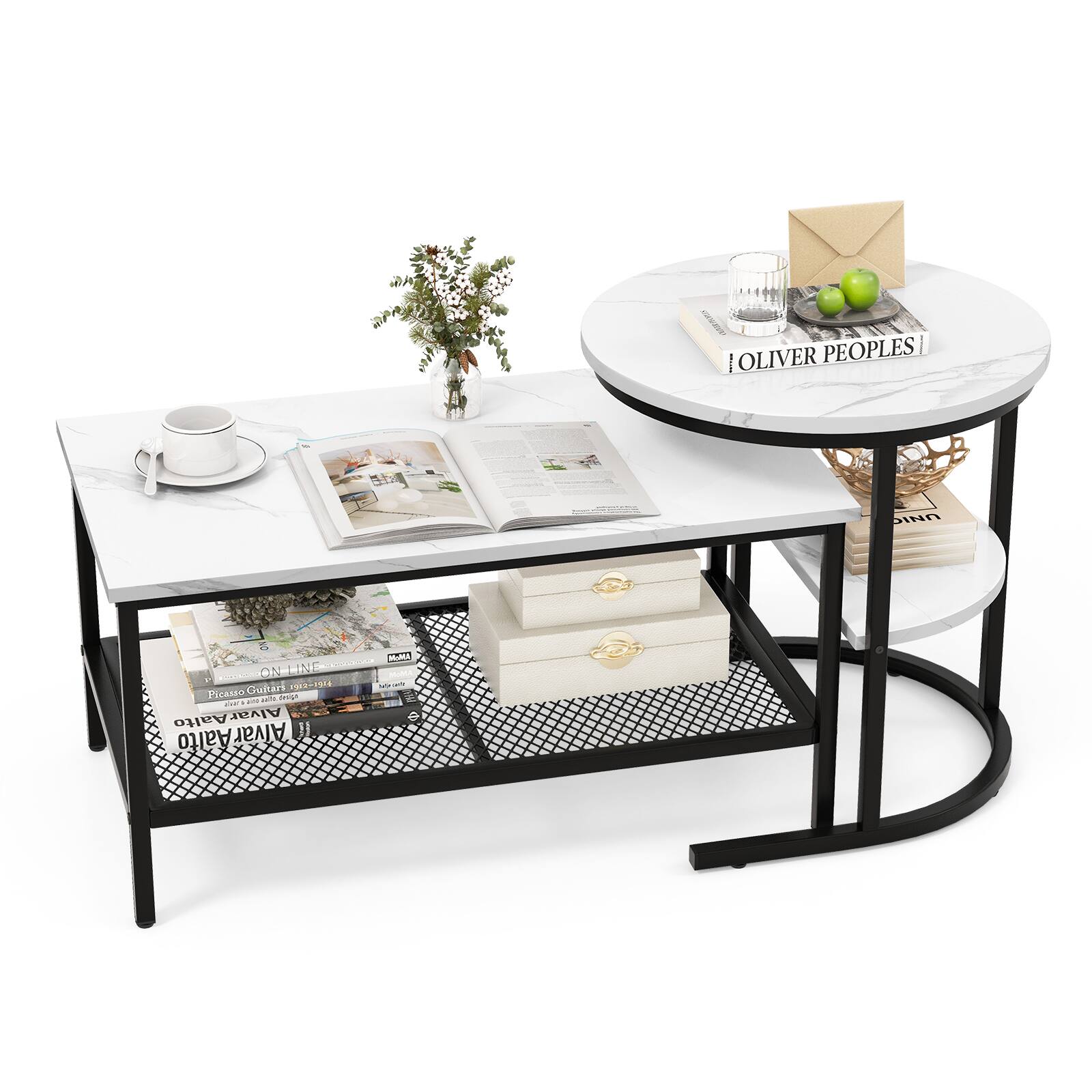 Costway - Nesting Coffee Table Set of 2 Faux Marble Top Detachable w/ Storage Shelf - Black and White