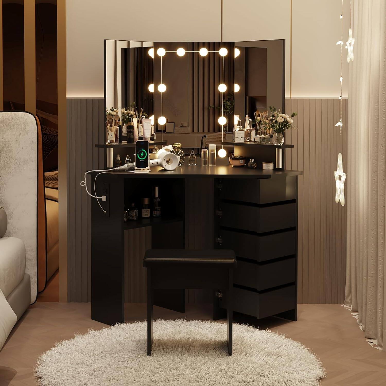 Front. Babevy - Farmhouse Vanity Desk with Mirror & Lights, Modern Makeup Vanity Table with Built-In Charging Station - Black.