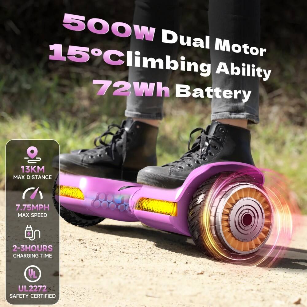 500W Dual Motor  
15° Climbing Ability  
72Wh Battery  

13KM Max Distance  
7.75MPH Max Speed  
2-3 Hours Charging Time  

UL2272 Safety Certified