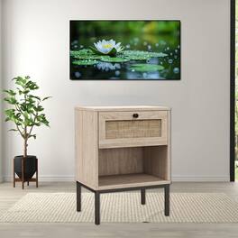 Hivvago - Natural Rattan Night Table Featuring Woven Drawer and Storage Shelf - Oak