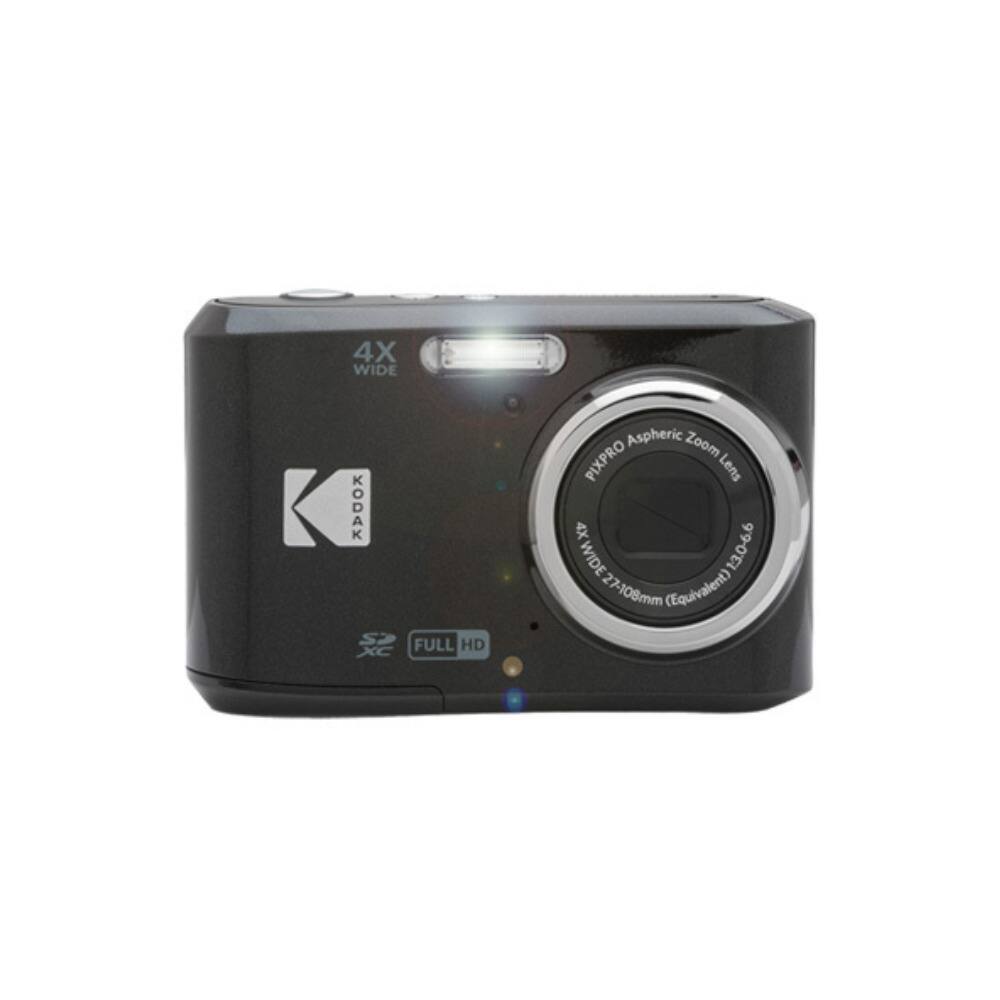 The image features a black Kodak camera with a 4x wide lens. The camera is equipped with a full HD XC Aspheric Zoom PIXPRO lens, which provides a wide range of focal lengths, from 27mm to 108mm. The camera is designed to capture high-quality images and videos, making it a popular choice for photographers and videographers.
