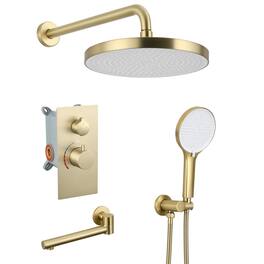 JUJABU - 10" Luxury 3-Function Shower System Solid Brass Valve with Handheld & Tub Spout - Brushed Gold