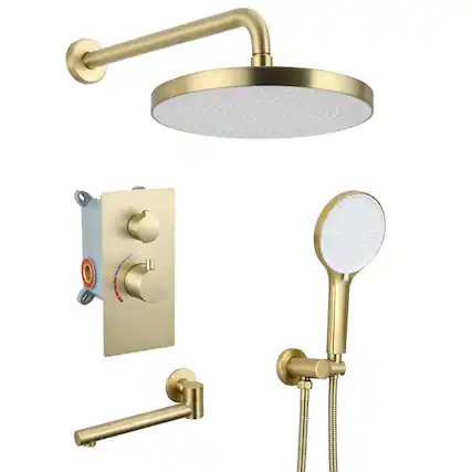 Front. JUJABU - 10" Luxury 3-Function Shower System Solid Brass Valve with Handheld & Tub Spout, Brushed Gold - Brushed Gold.