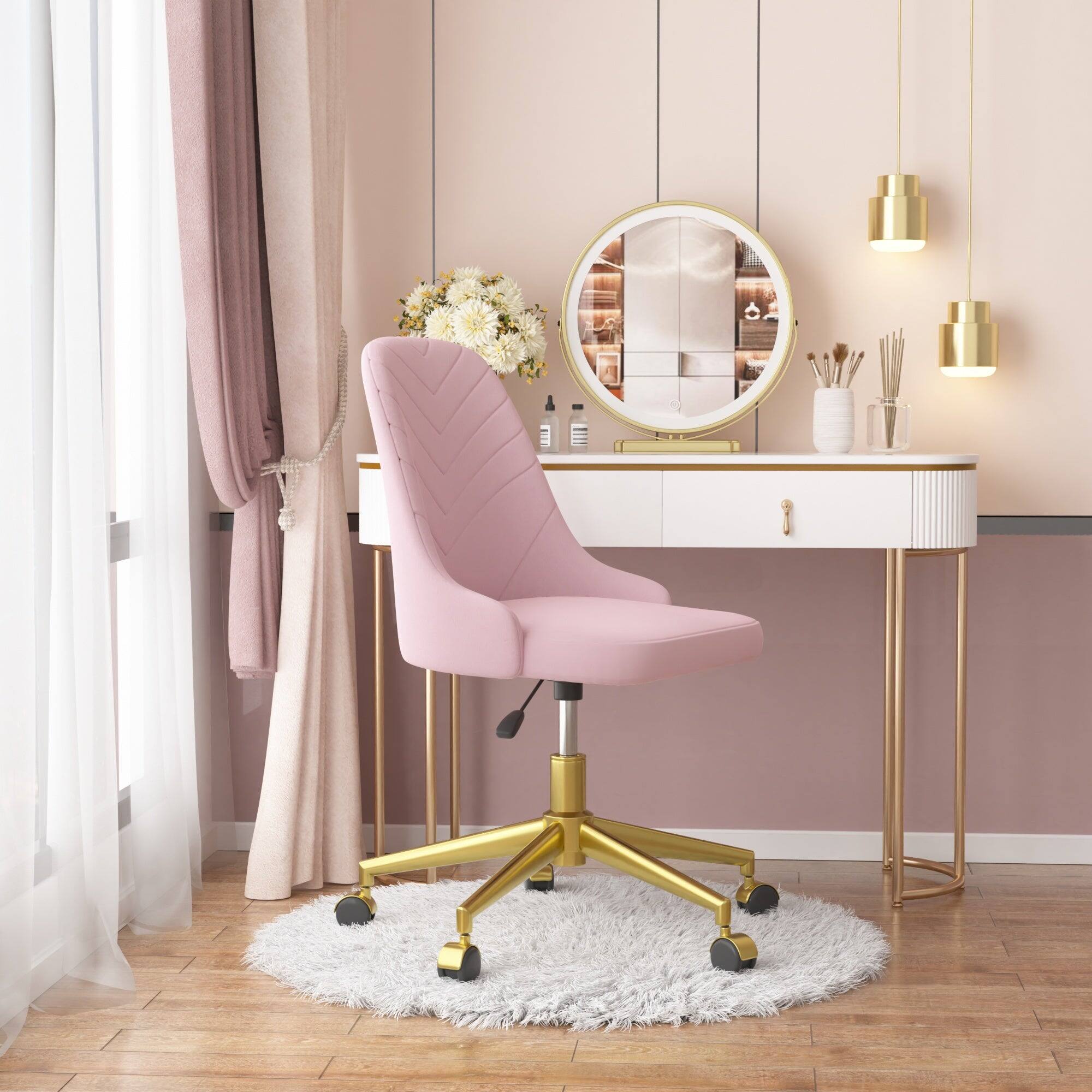 Alt View 2. Vecelo - Velvet Swivel Accent Chair with Adjustable Height - 360° Rotating Office Desk Chair & Vanity Stool - Pink.