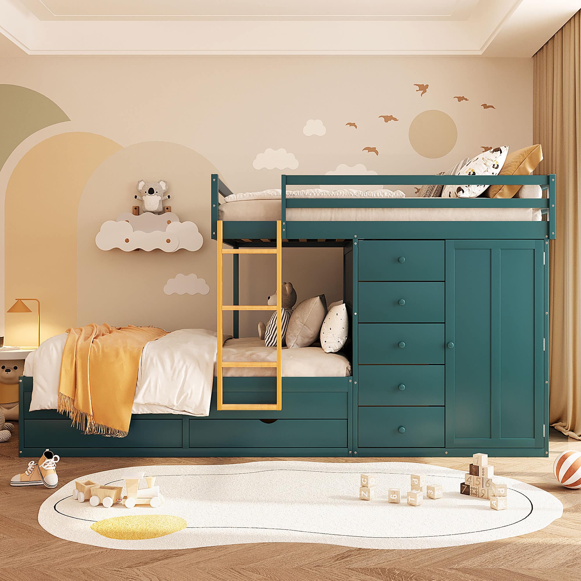 Anysun - Full Size Bunk Bed with Multiple Drawers & Wardrobe - MDF & Solid Wood Construction, Modern Storage Design - Green