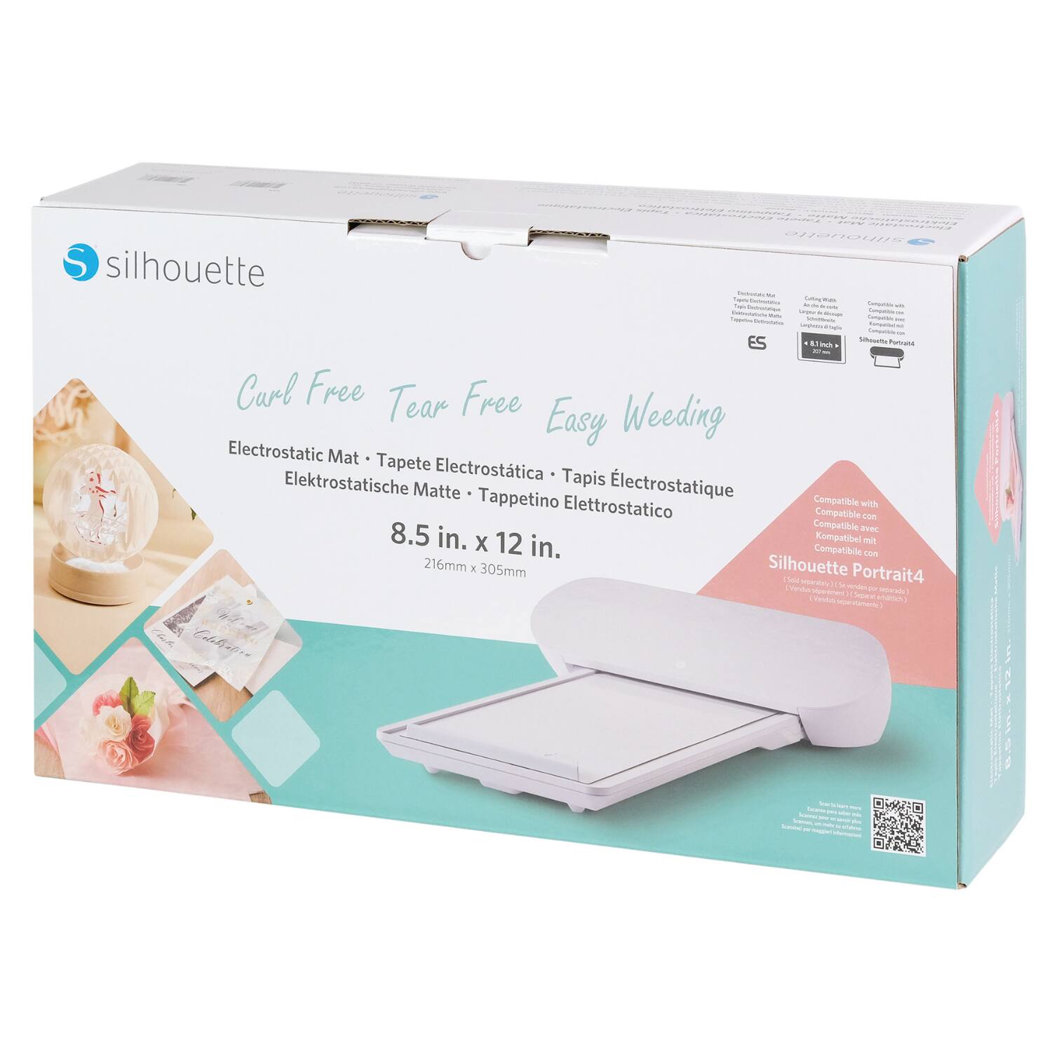 Sure, here is the corrected and grouped text from the image:

---

**Silhouette**

**Curl Free Tear Free Easy Weeding**

**Electrostatic Mat**  
- Tapete Electrostatica  
- Elektrorostatische Matte  
- Tapis Electrostatique  
- Tappetino Elettrostatico  

**8.5 in. x 12 in.**  
- 216mm x 305mm  

**Compatible with**  
- Silhouette Portrait4  

**ES**  
- 8.5 in. x 12 in.  

**Silhouette Portrait4**  
- Compatible with Silhouette Portrait4  

---

This text is grouped and corrected based on the information visible on the packaging.