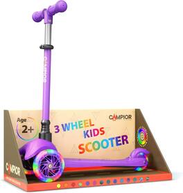 Campior - Mini 3-Wheel Kids Scooter – LED Wheels, Lean-to-Steer, Adjustable Handlebar, Anti-Slip Deck, Rear Brake, for Ages 2+ - Purple
