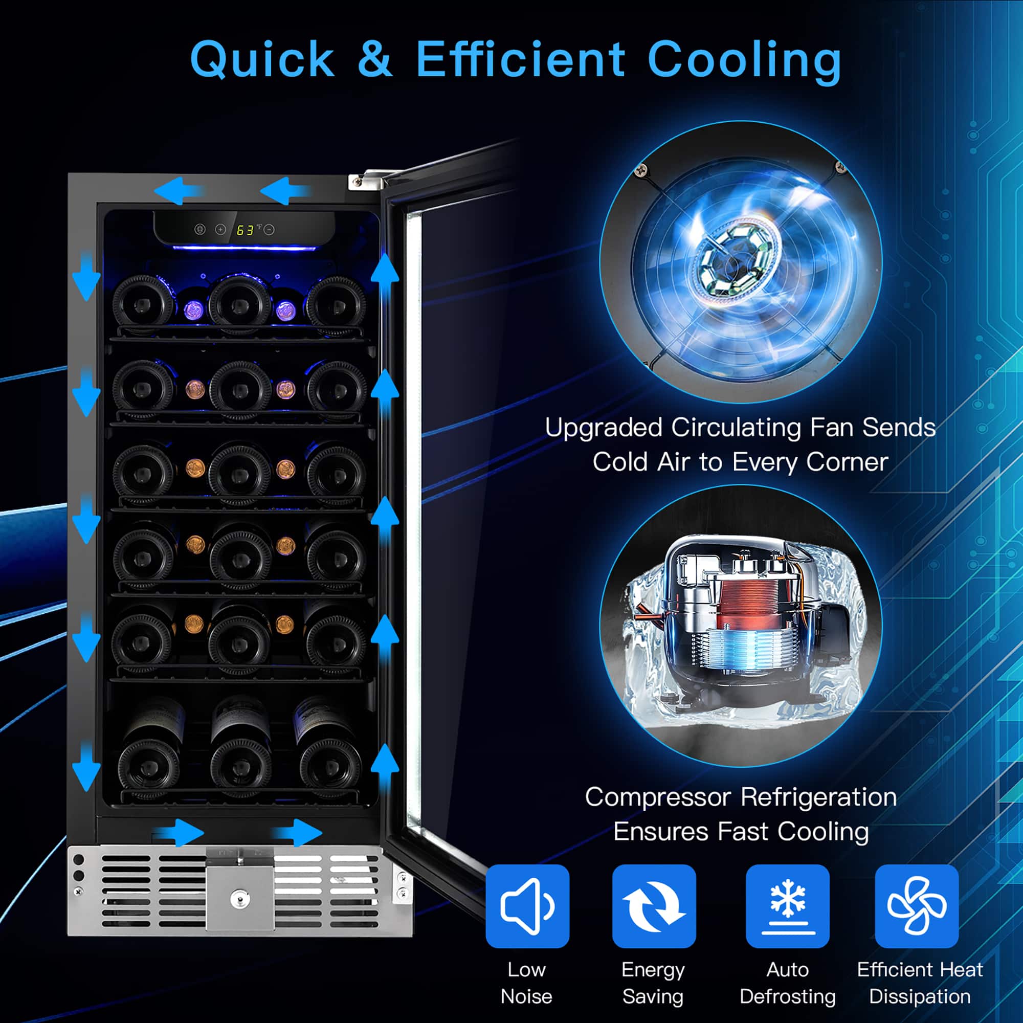 Quick & Efficient Cooling
Upgraded Circulating Fan Sends Cold Air to Every Corner
Compressor Refrigeration Ensures Fast Cooling
Low Noise
Energy Saving
Auto Defrosting
Efficient Heat Dissipation