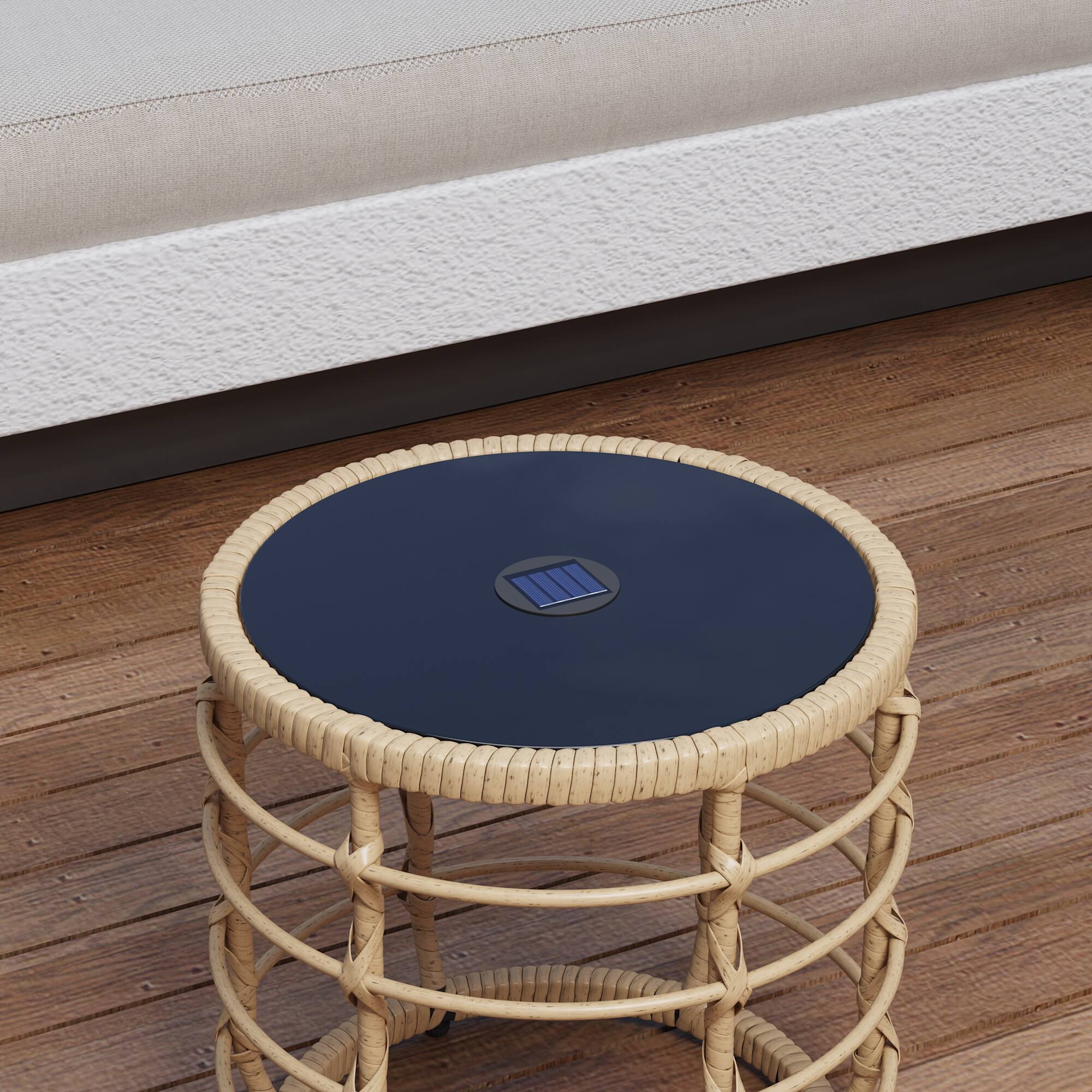 Alt View 6. FUFU & GAGA - Outdoor Rattan Solar Coffee Table Set with Glass Top and LED Light for Patio, Balcony, or Garden - Black & Wooden.