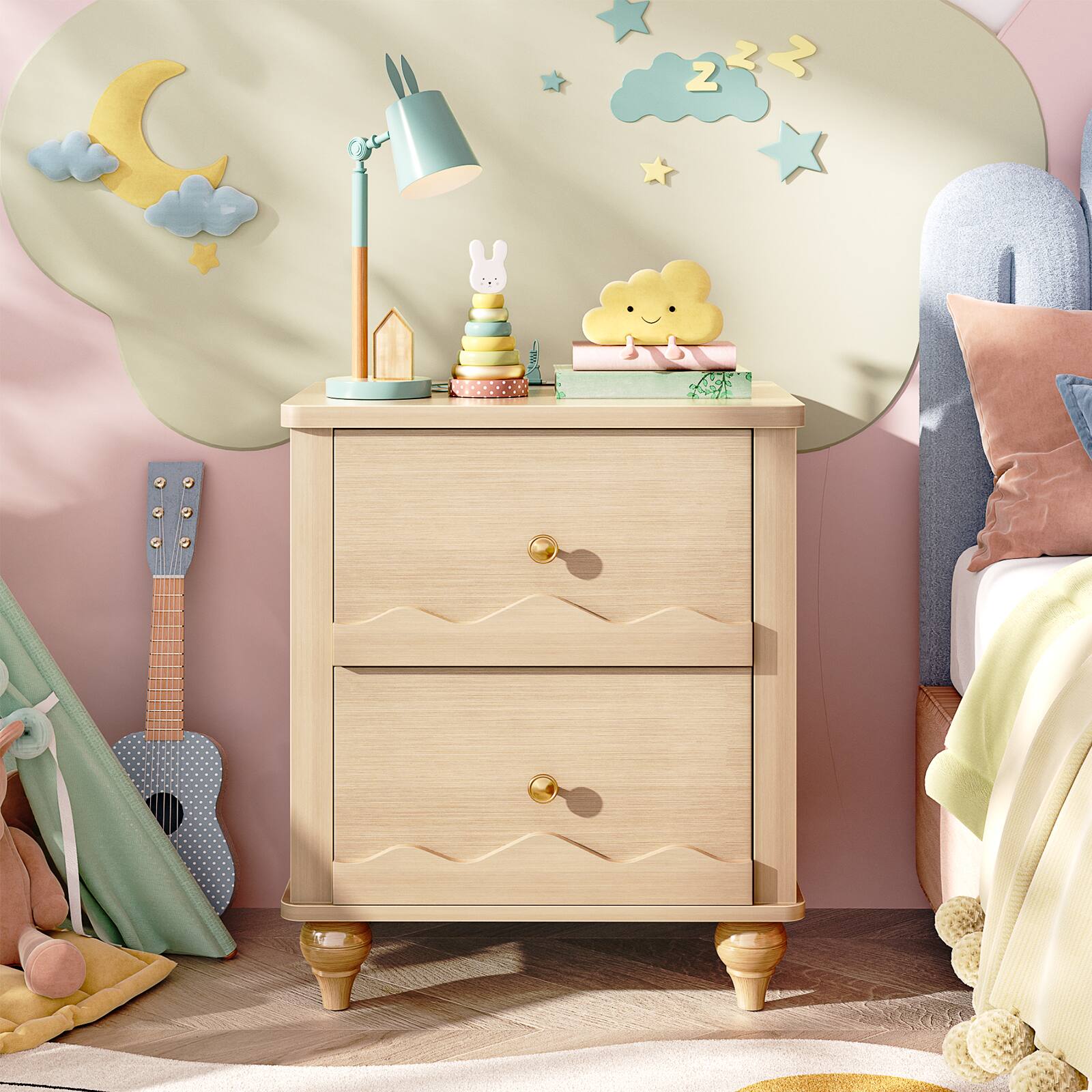 Alt View 2. Aheaplus - Nightstand with 2 Drawers, Farmhouse Nightstand with Charging Station, 2 Piece Set - Nature.