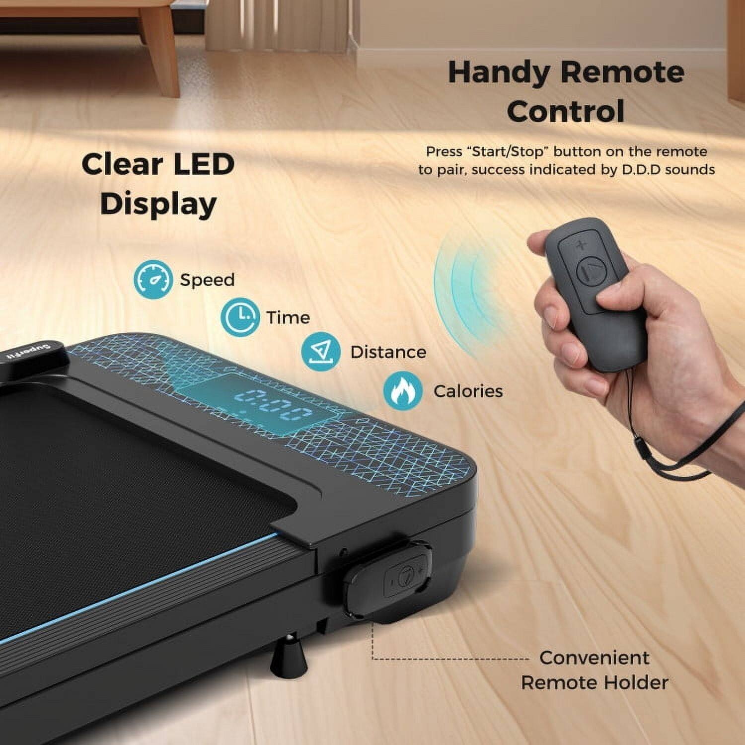 Handy Remote Control  
Clear LED Display  
Press "Start/Stop" button on the remote to pair, success indicated by D.D.D sounds  

Speed  
Time  
Distance  
Calories  

Convenient Remote Holder