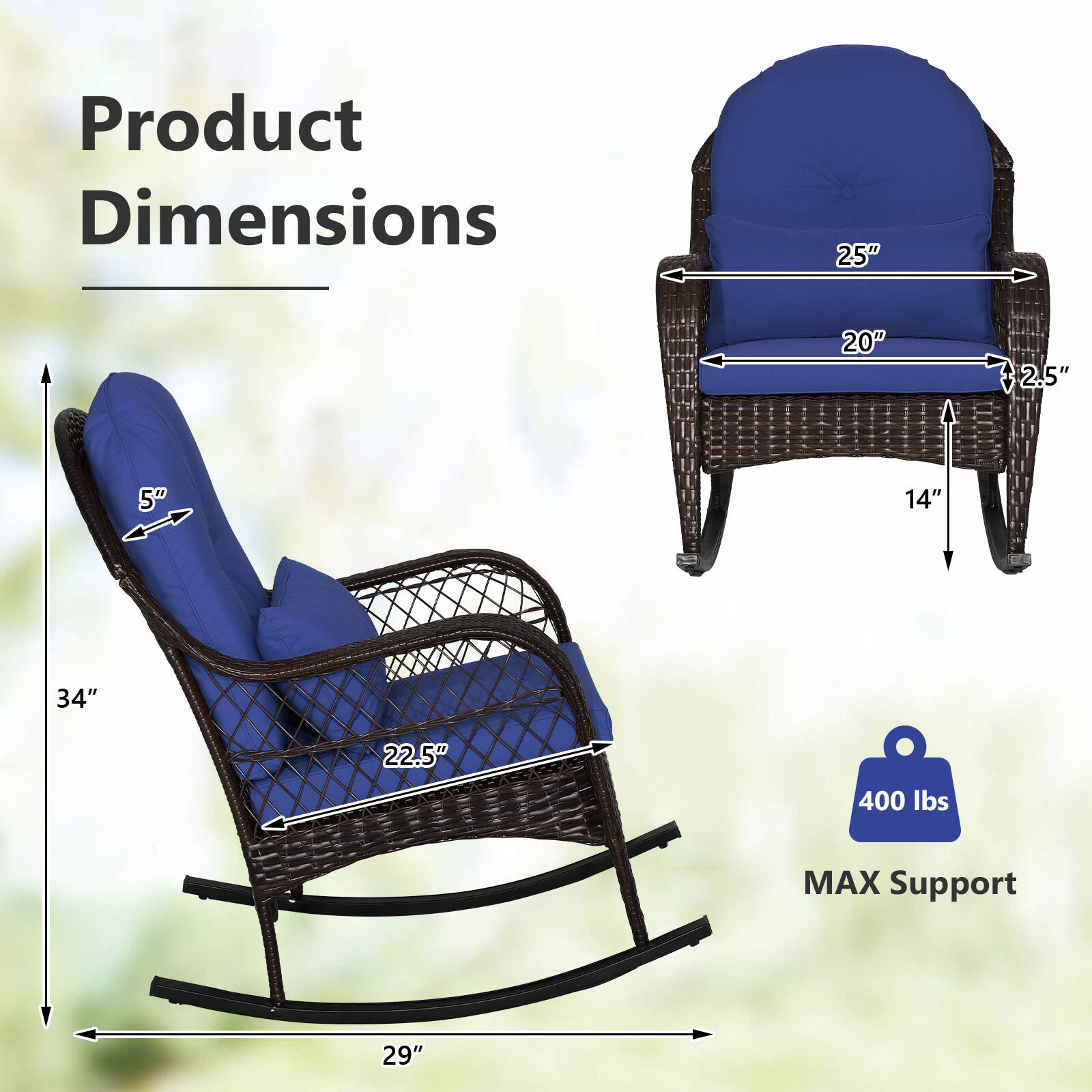 Product Dimensions: 25" x 20" x 2.5" x 5" x 14" x 34" x 22.5" x 400 lbs MAX Support: 29"
