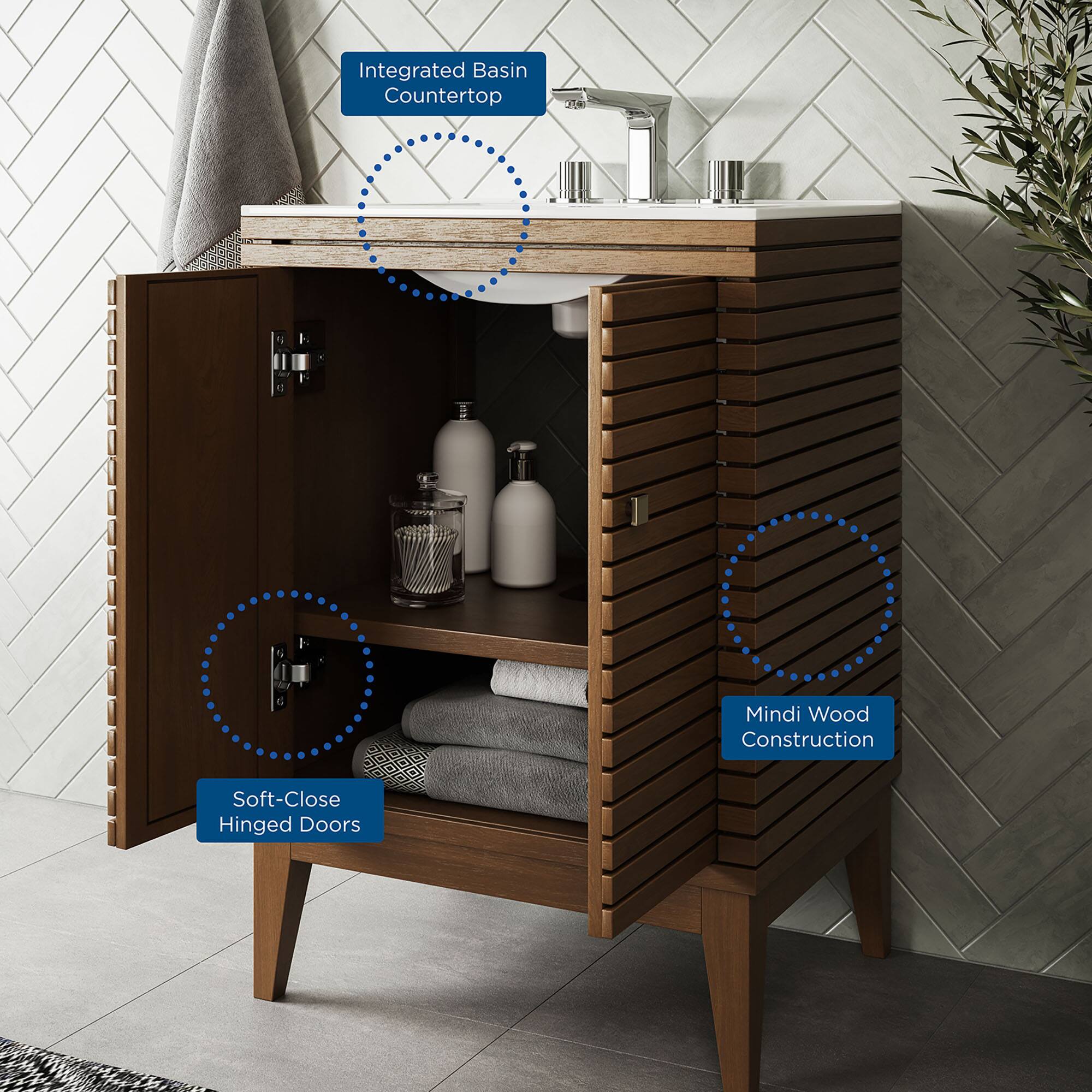 Integrated Basin Countertop  
Mindi Wood Construction  
Soft-Close Hinged Doors