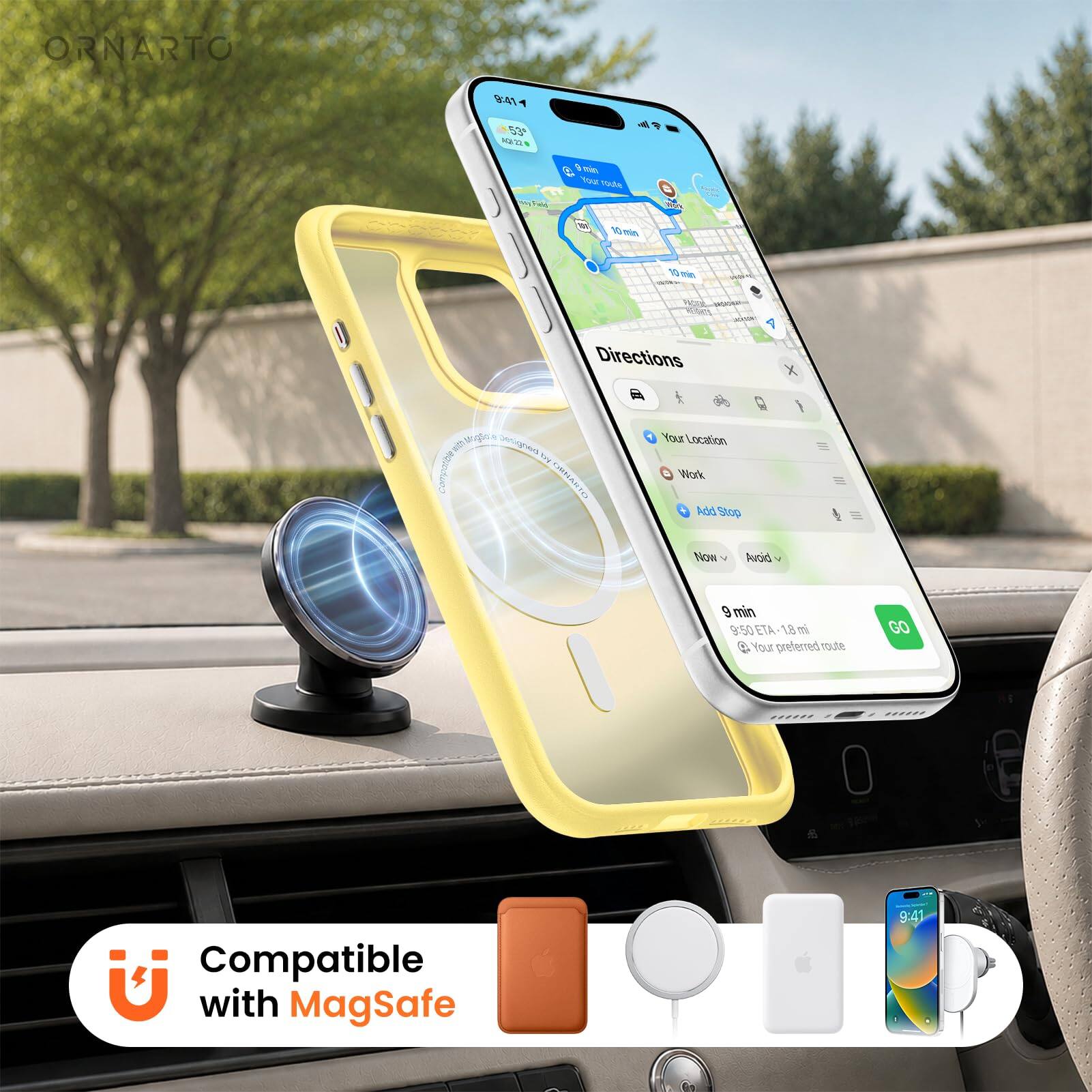 ORNARTO 941 53 MAVE - Tua 1da 10 - 1 - WOA 1 Directions X wDh Canyena genes THa CRNARTO Your Location Work Rdd Stop NOw Avoid 9 min 3:50 ETA 18 m 4 Your preterred tode GO 222202 Compatible with MagSafe 9:41