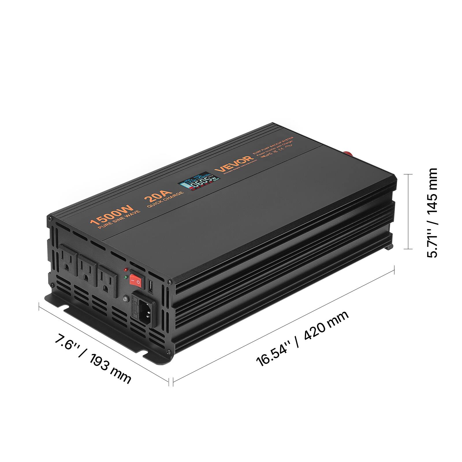 Changen SYSTEM PCMP BACKER TOM WITH CE 8 Abain, K POWER WRO Felettive VEVOR Faturna N TE'S. 0605w 20A QUICK CHARGE 1500W SINE WAVE PURE 420 mm 7.6" / 16.54" 193 mm 145 5.71"