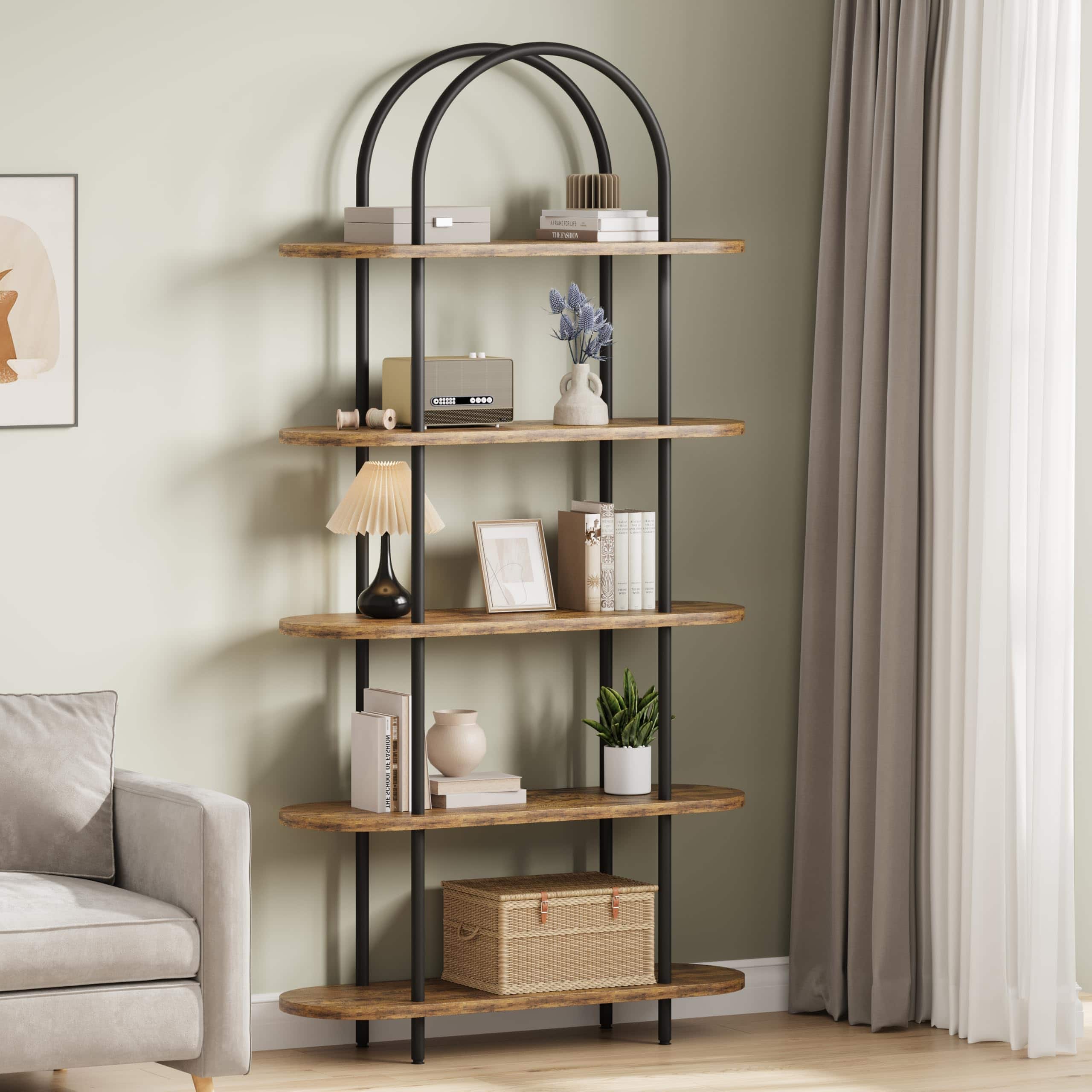 Homhougo - 71" Bookshelf 5 Tier Bookcase Arched Display Racks Tall Bookshelf Freestanding Open Storage Shelf - Black