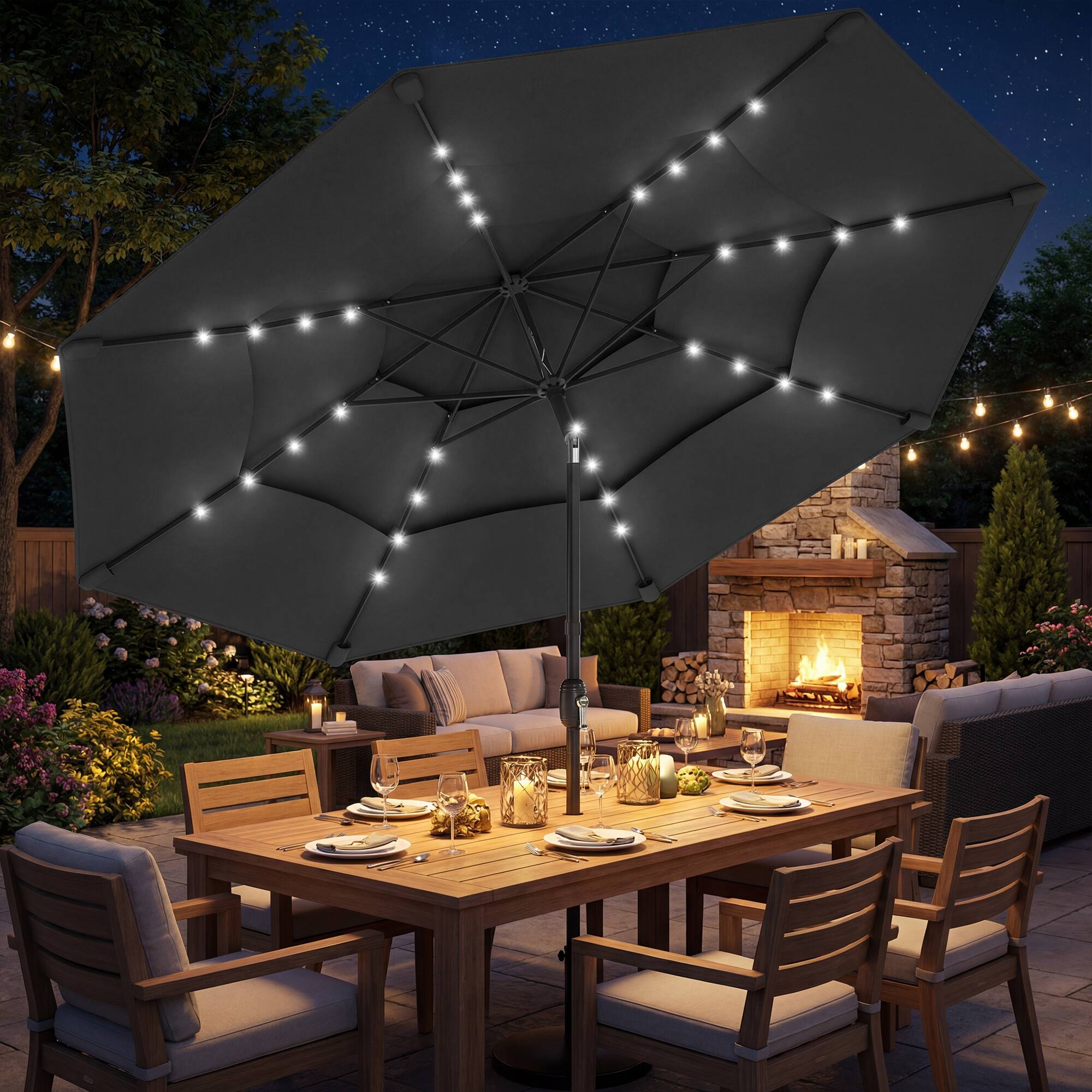 Alt View 8. Outsunny - ft Outdoor Patio Umbrella with Solar LED Lights, 3 Tier Outdoor Table Umbrella with Tilt - Black.