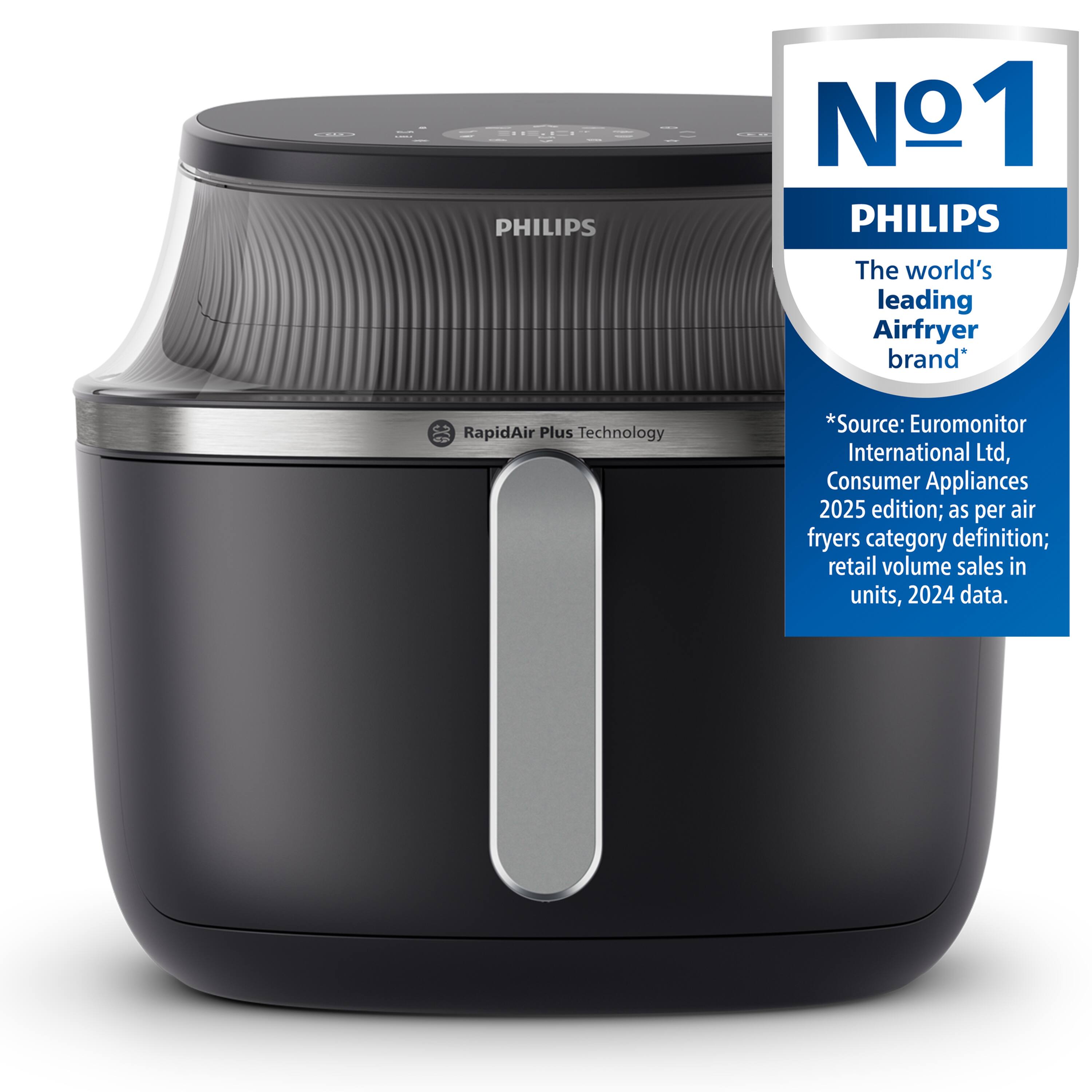 - PHILIPS
- The world's leading Airfryer brand*
- RapidAir Plus Technology
- *Source: Euromonitor International Ltd, Consumer Appliances 2025 edition; as per air fryers category definition; retail volume sales in units, 2024 data.
