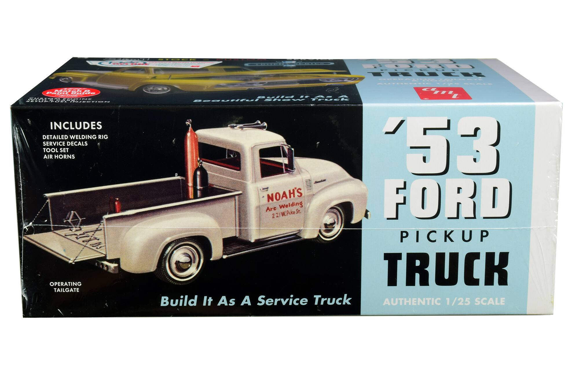 Sure, here is the corrected and grouped text from the image:

---

**INCLUDES**

- DETAILED WELDING RIG
- SERVICE DECALS
- TOOL SET
- AIR HORNS

**OPERATING TAILGATE**

**Build It As A Service Truck**

**'53 FORD PICKUP TRUCK**

**AUTHENTIC 1/25 SCALE**

**NOAH'S Arc Welding 221 W. Pike St.**

**Beautiful Show Truck**

**Paint By:**

---

This text is organized to reflect the information on the box as it appears.