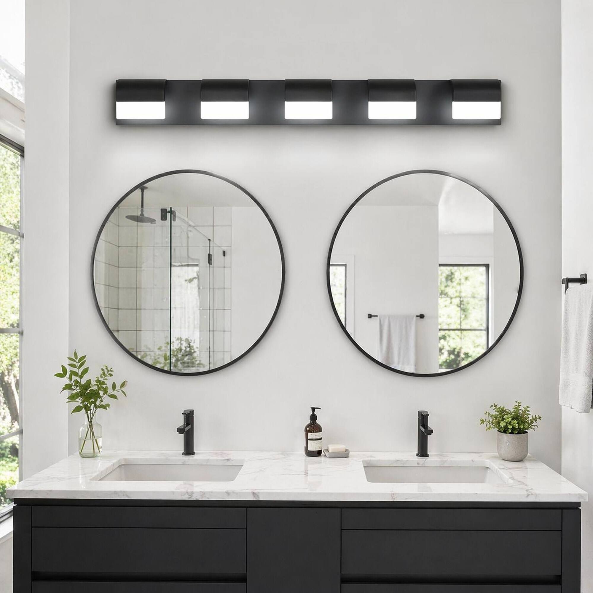 Back. RYHNUYNE - 5‑Light Black LED Bathroom Vanity Light,Modern Acrylic Wall Mount Vanity Mirror Light for Bathroom Mirror - Black.