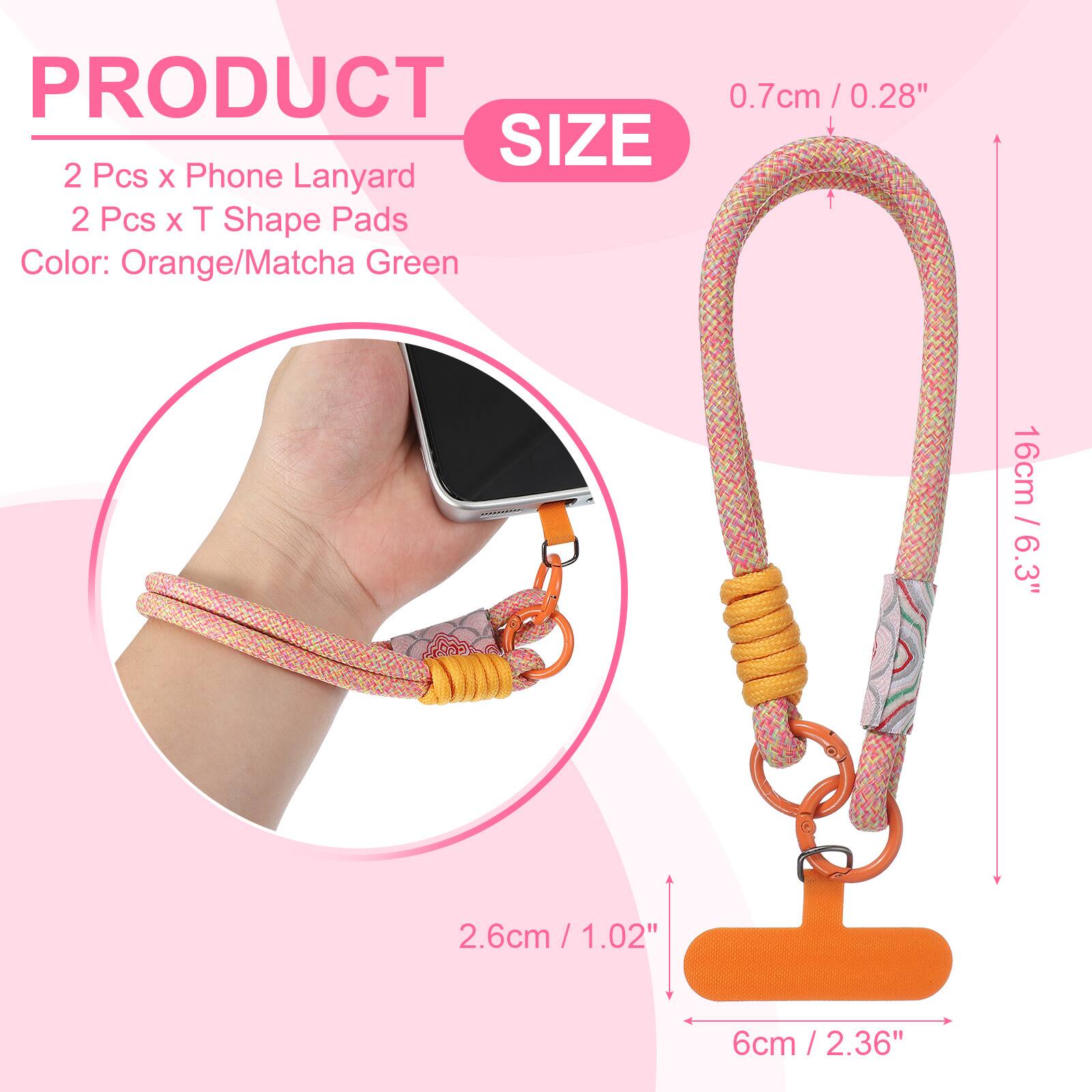 PRODUCT  
2 Pcs x Phone Lanyard  
2 Pcs x T Shape Pads  
Color: Orange/Matcha Green  

SIZE  
0.7cm / 0.28"  
16cm / 6.3"  
2.6cm / 1.02"  
6cm / 2.36"