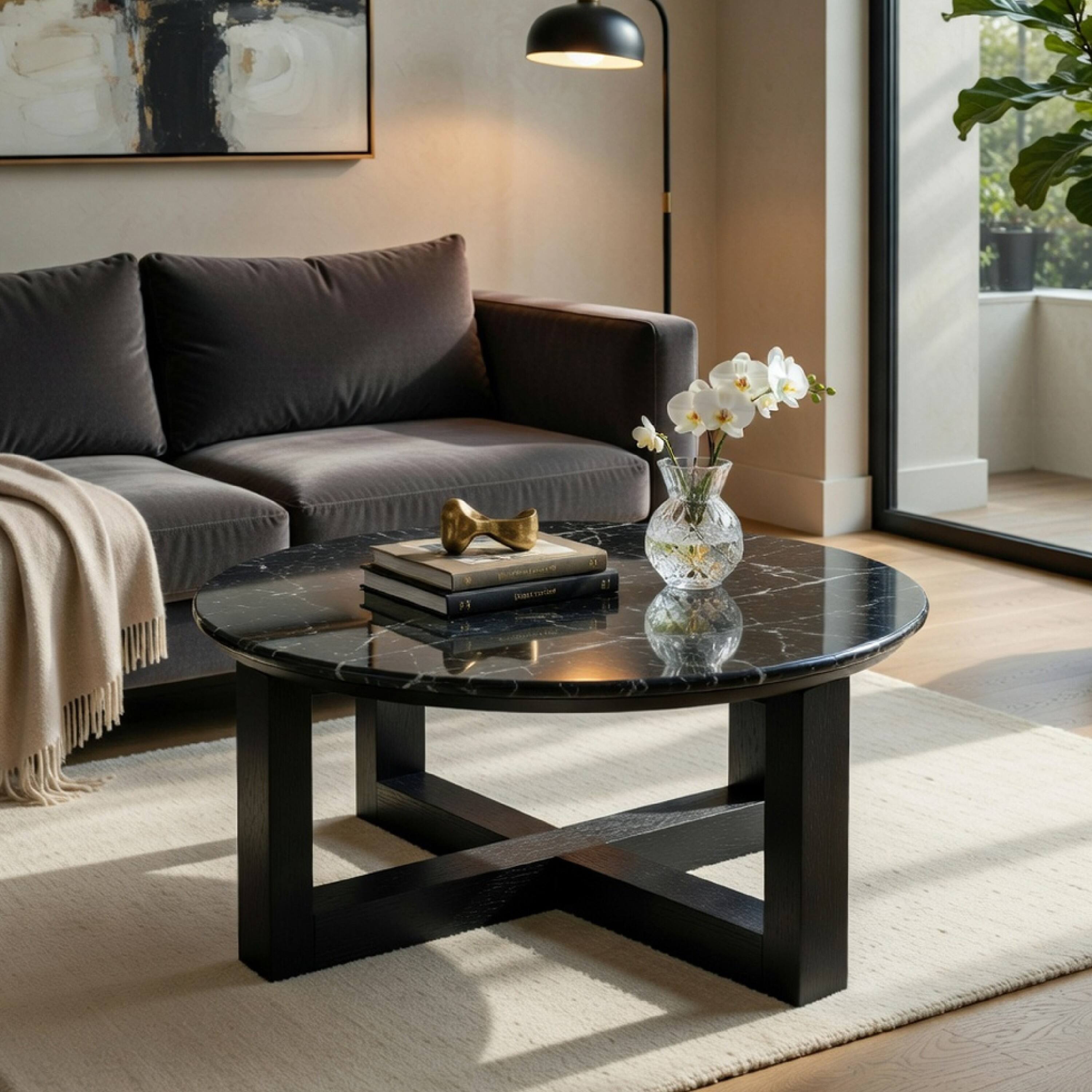 Alt View 7. Manhattan Lane - Kia Coffee Table, Round Marble Top and Three Leg Wood Base,32 Inch - Black.