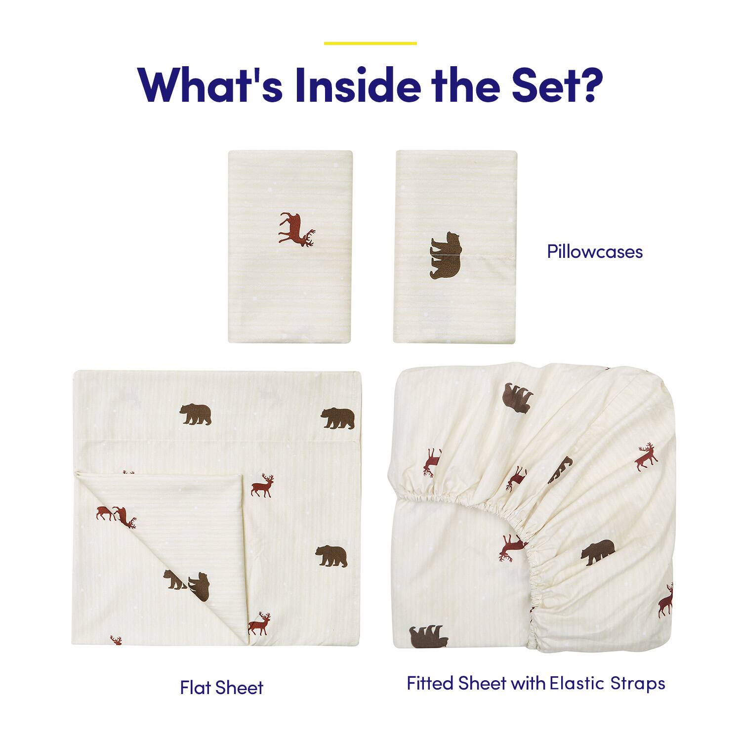 What's Inside the Set?

- Pillowcases
- Flat Sheet
- Fitted Sheet with Elastic Straps