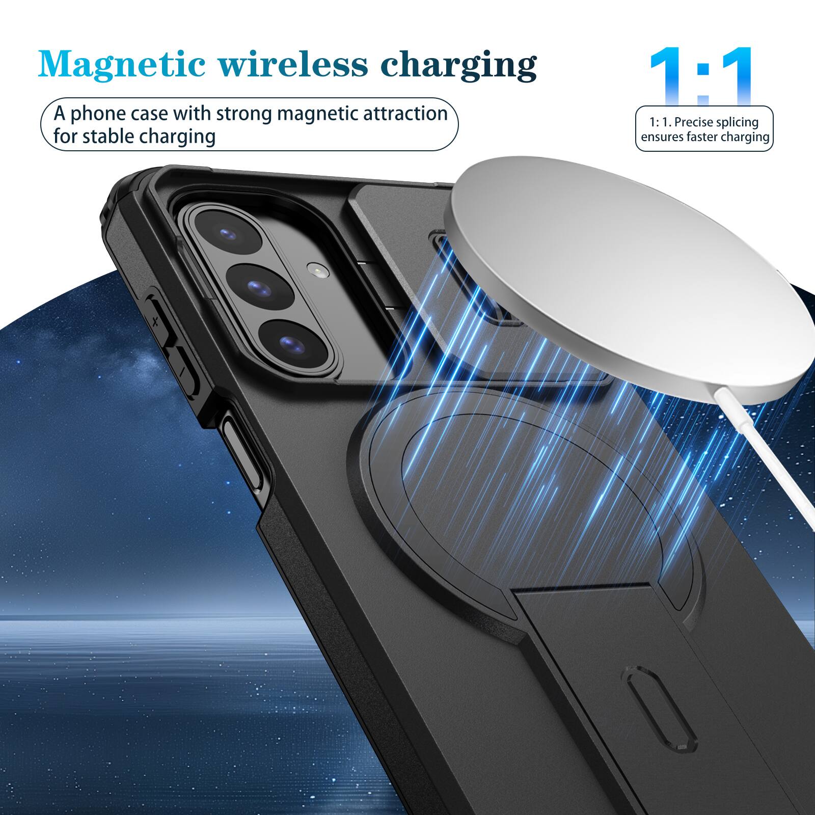 Magnetic wireless charging

A phone case with strong magnetic attraction for stable charging

1:1

1:1. Precise splicing ensures faster charging