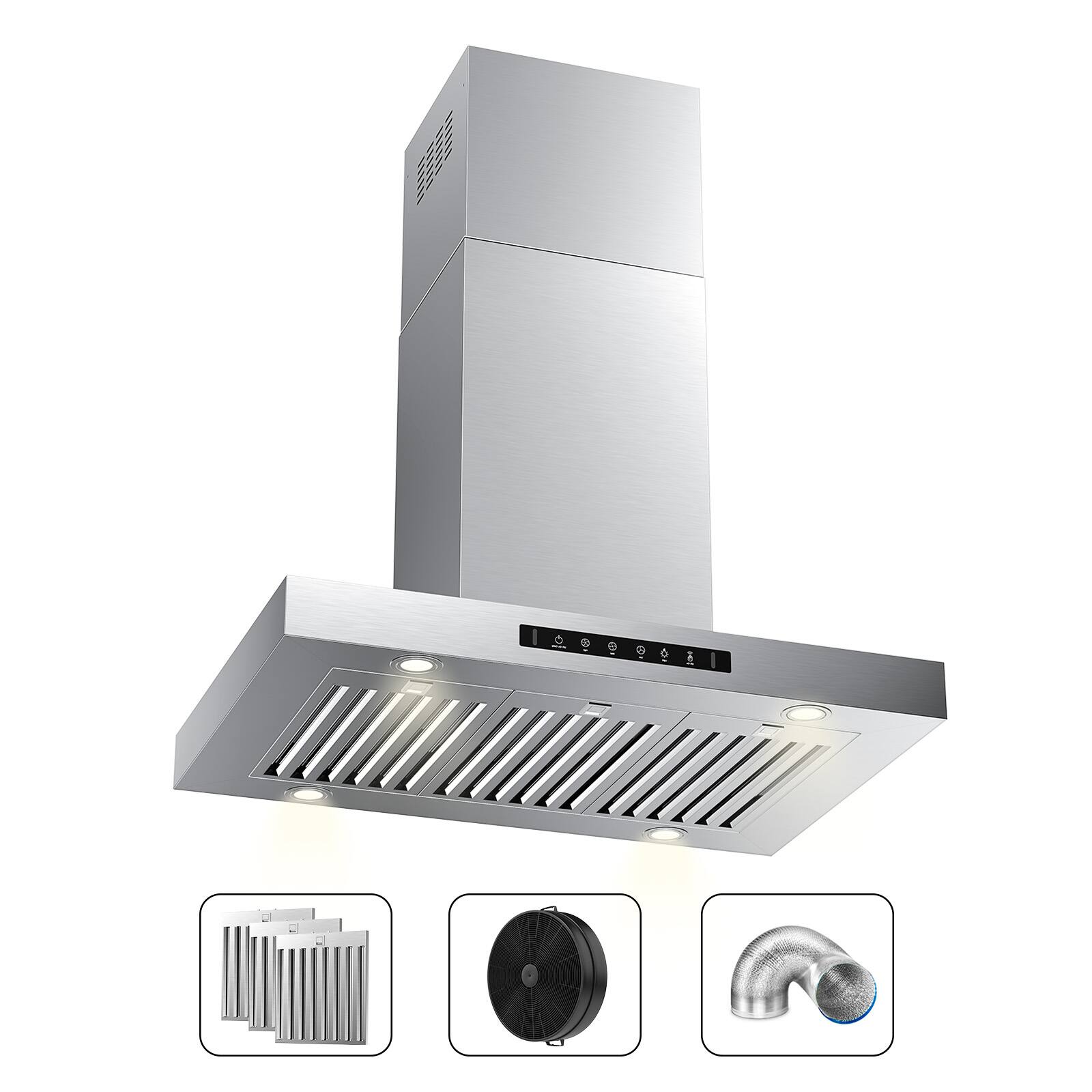 Angle. VIKIO - 36 inch Ducted 700-CFM Stainless steel Island Range Hood with Charcoal Filter - Stainless steel.