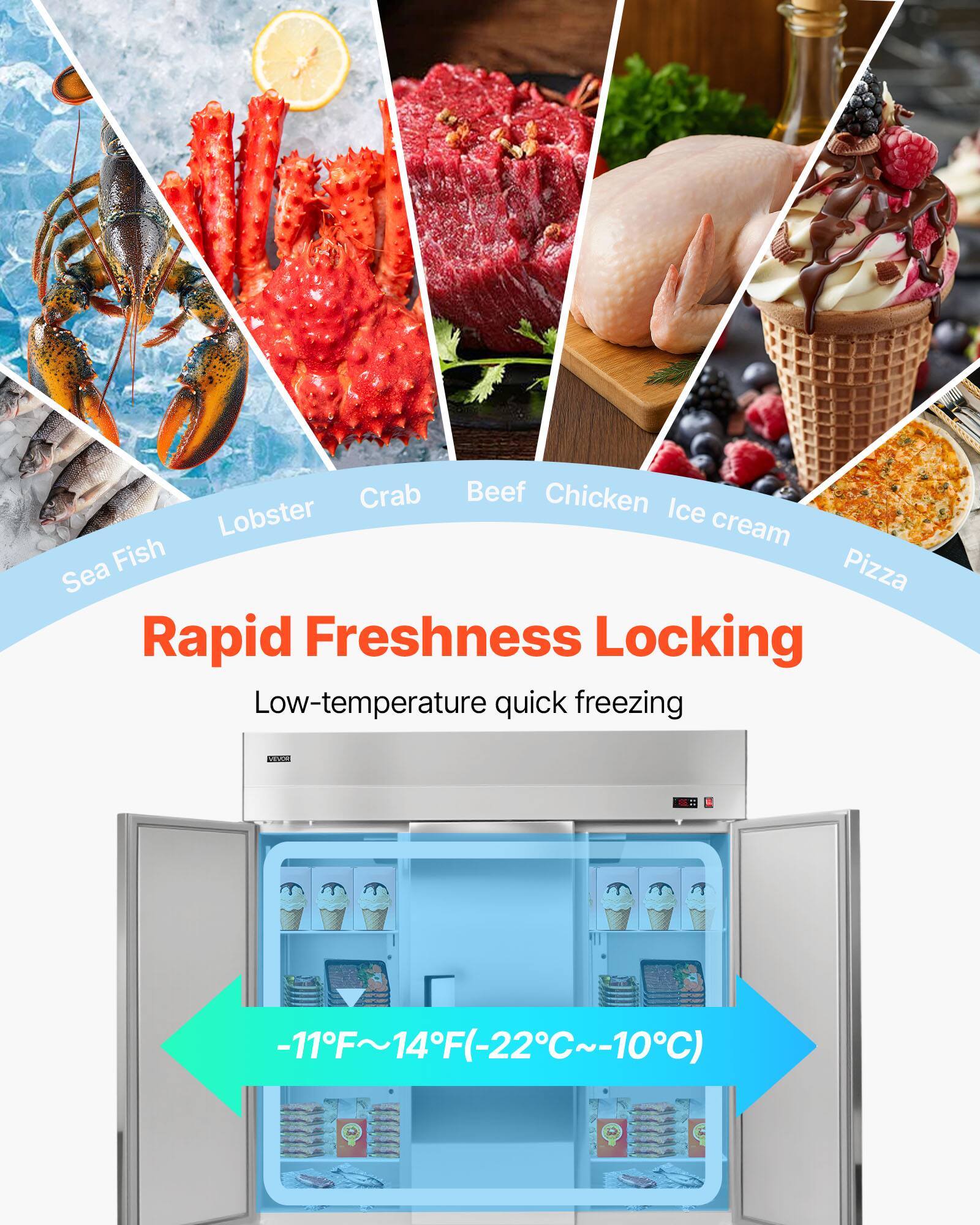 Crab, Beef, Chicken, Lobster, Ice cream, Fish, Pizza, Sea, Rapid Freshness Locking, Low-temperature quick freezing, -11F~14F(-22C~-10C)
