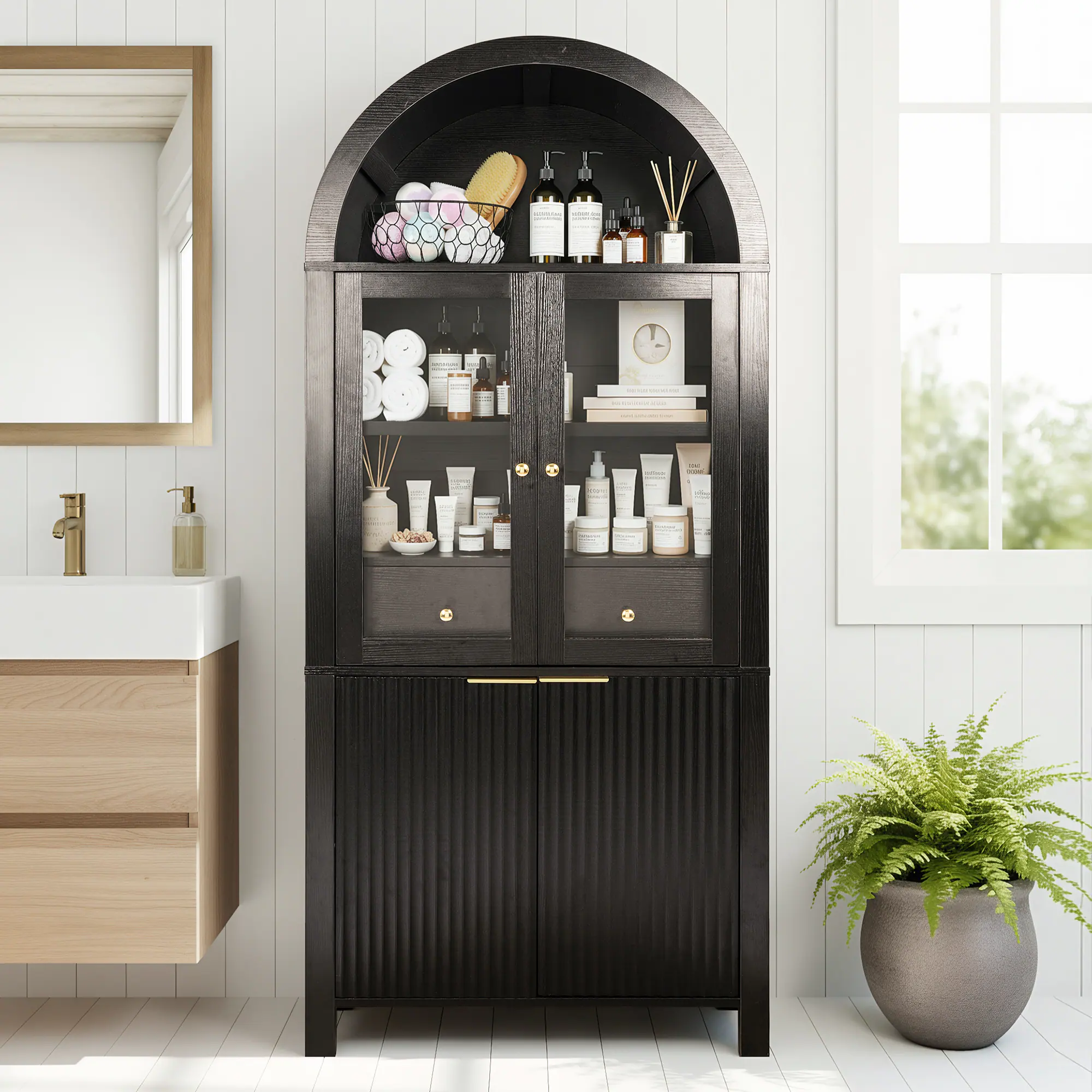 Angle. Loheer - Loheer Arched Pantry Cabinet, Tall Fluted Black Pantry Cabinet with Glass Doors, Drawer, Adjustable Shelves, 71in - Black.