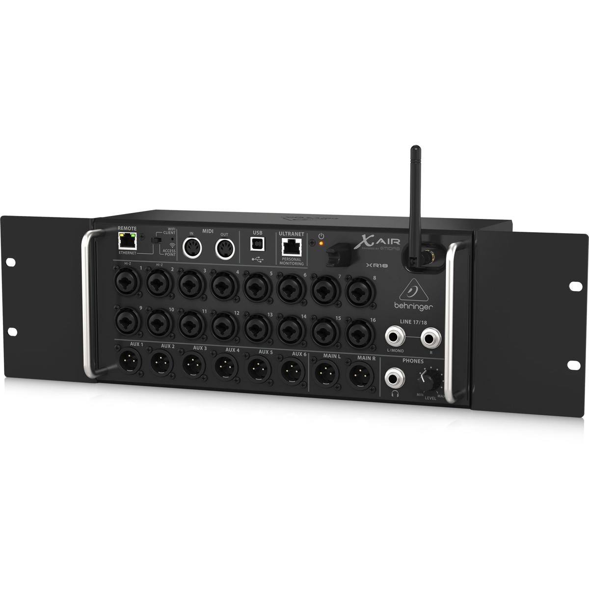 REMOTE ETH - 1 2 9 CLIENT ACCESS FORI . I 1 19 a MIDI 1 11 OUT 4 12 USB ULTRANET PERSONAL MONITORING 1 A 11 XAIR AIR xmo 1 I behringer 15 15 LINE 17/18 RUX - AUX . AUX 1 AUX 4 AUX 5 AUX 6 MAIN L MAIN R L/MONO PHONES LEVEL