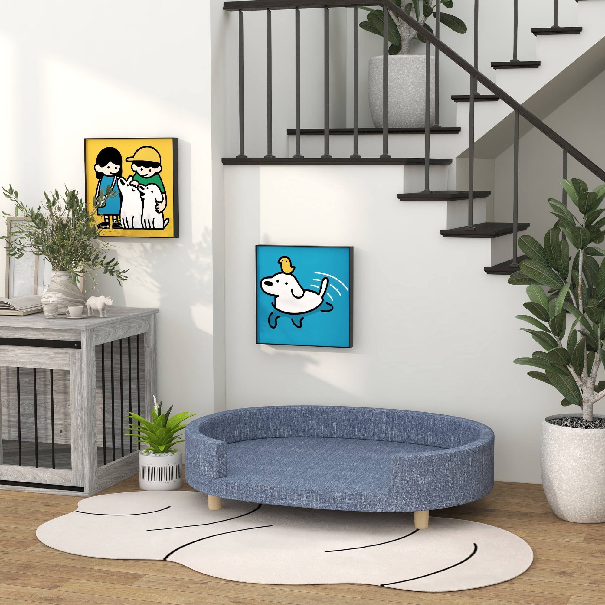 Alt View 5. Pawhut - Dog Couch, Pet Sofa Bed for Large Dogs, Elevated Dog Sofa with Removable Top, Washable Cover - Blue.