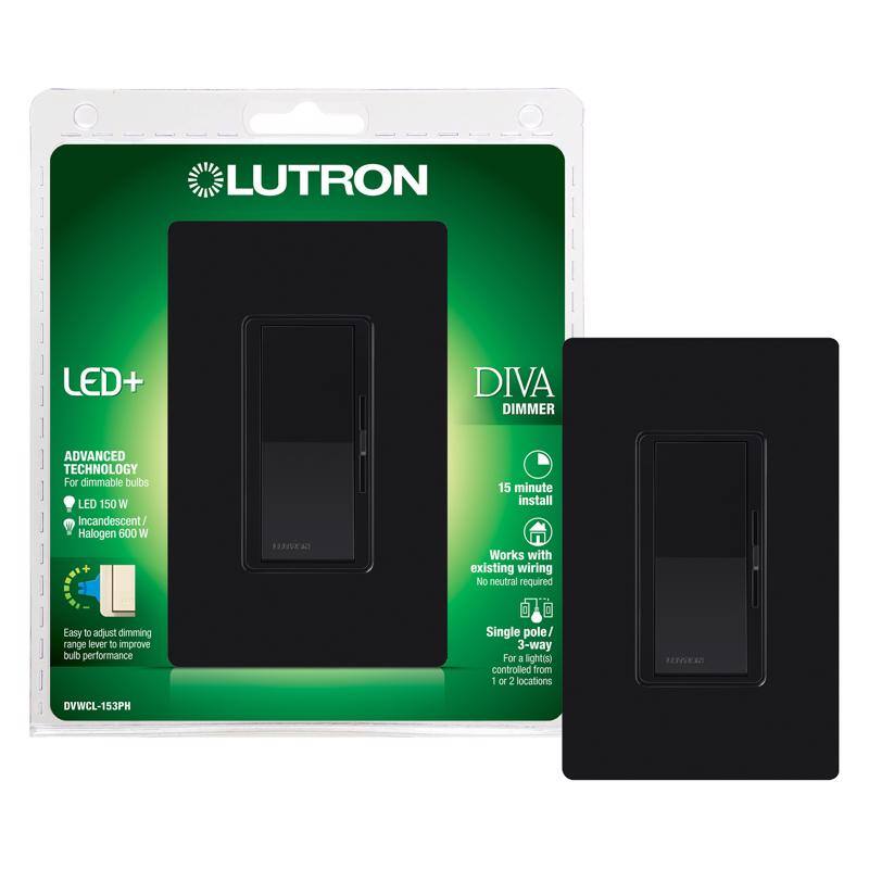 LUTRON LED+ DIVA DIMMER  
ADVANCED TECHNOLOGY  
For dimmable bulbs  
LED 150 W  
Incandescent / Halogen 600 W  

15 minute install  
Works with existing wiring  
No neutral required  
Easy to adjust dimming range lever to improve bulb performance  
Single pole / 3-way  
For a light(s) controlled from 1 or 2 locations  

RR DVWCL-153PH